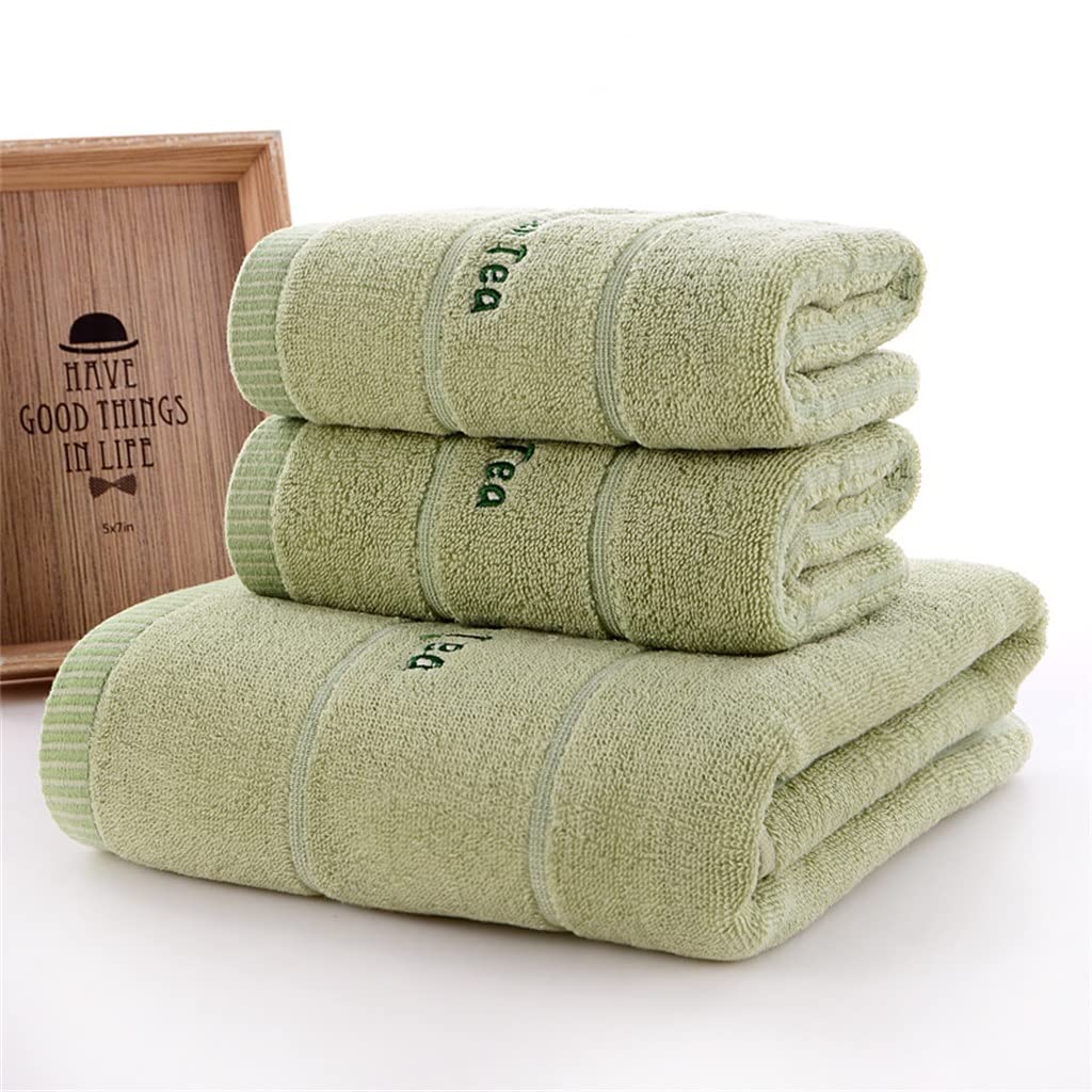 3 Pieces Towel Set Bathroom Towels Cotton Embroidered Letters Green Tea Simple Beach Towels for Adults Color A