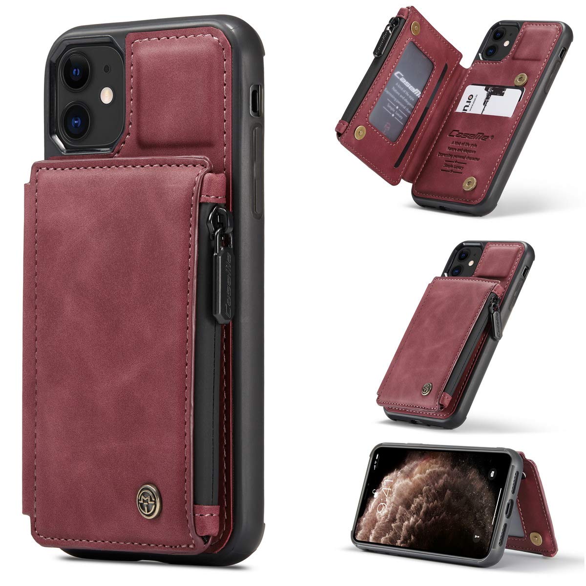 Custodia UEEBAI per iPhone 7 Plus iPhone 8 Plus, PU Custodia in pelle con chiusura RFID Chiusura lampo Tasca Portafoglio Slot Per Schede Chiusura Cavalletto TPU Custodia Antiurto - Rosso