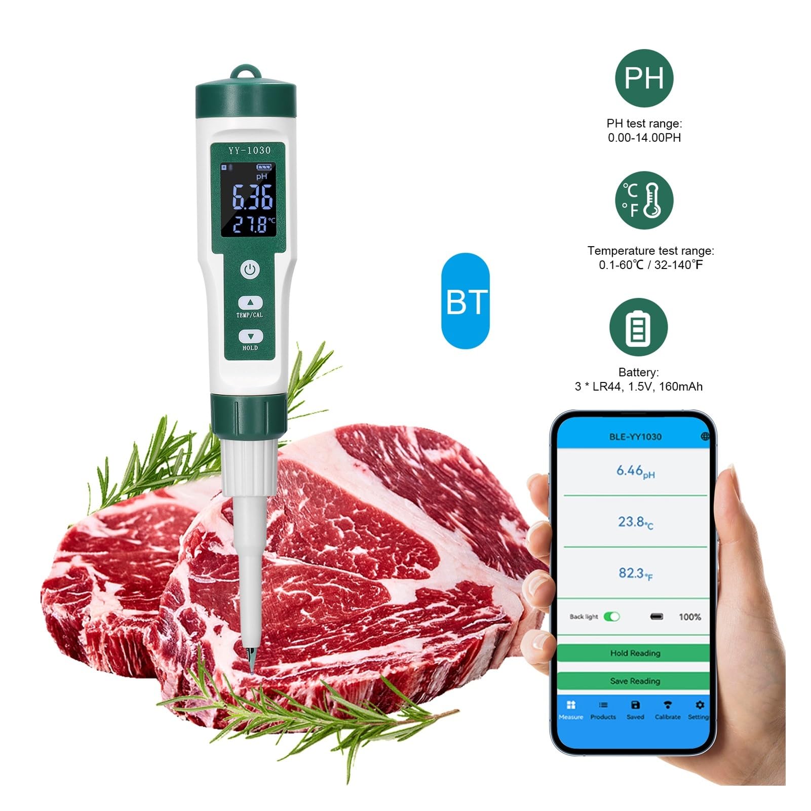 Medidor de PH alimentos for bebés con pantalla Digital YY-1030, alcalímetro masa, Detector for cosméticos y queso, medidor matriz del suelo, Probador preciso(YY-1030)