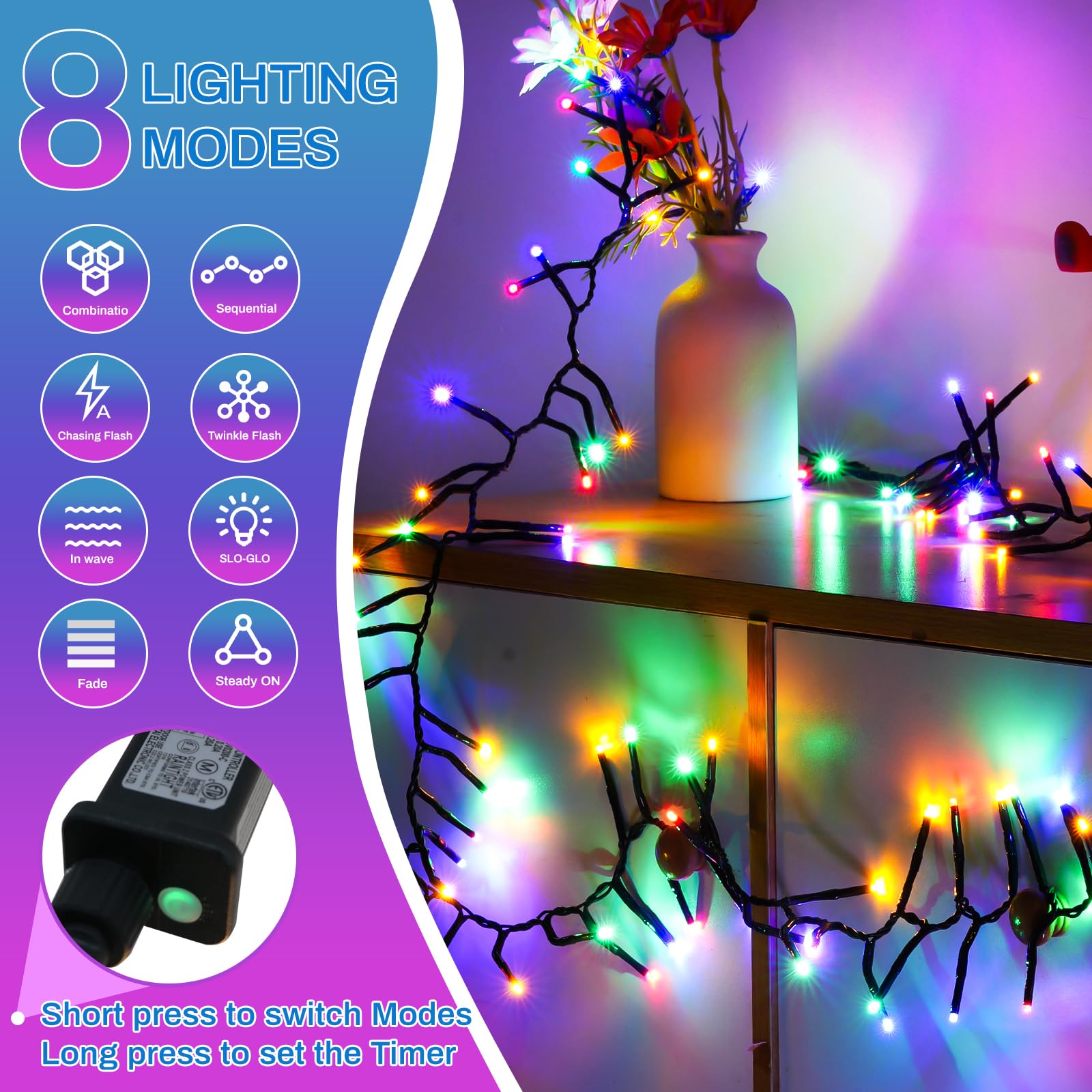 Weihnachtsbeleuchtung, 1000 LEDs, 1,8 m, wasserdicht, für den Außenbereich, Timer, 8 Modi, funkelnde Lichterkette, LED-Lichterkette für den Innenbereich, für Hochzeit, Party, Hof, Hausdekoration