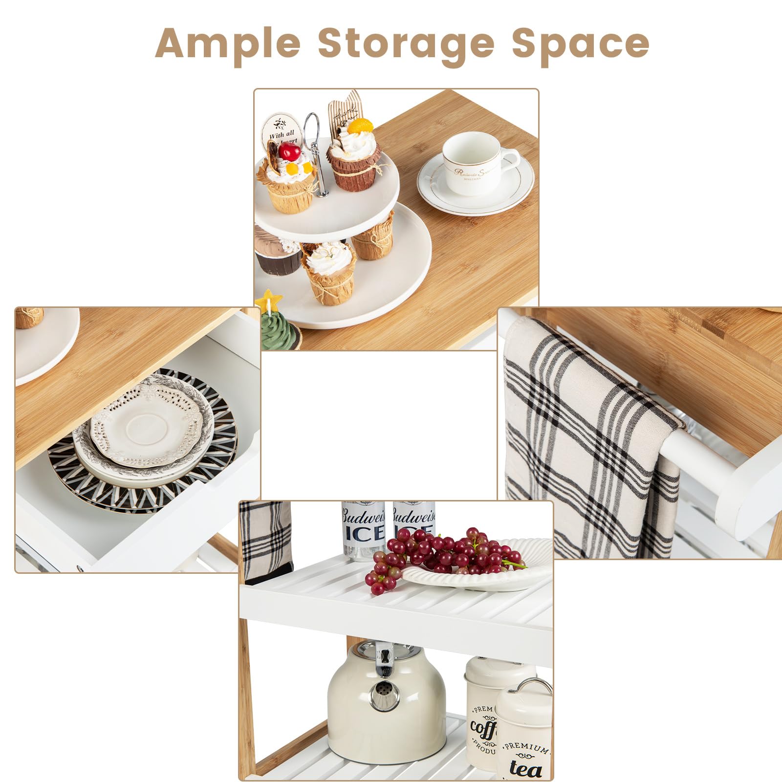 KOMFOTTEU Carrello da cucina in bambù e legno, carrello da portata su ruote, 66 x 40 x 85 cm, carrello da cucina con piano di lavoro, cassetto e 2 ripiani aperti, carrello portaoggetti (bianco)