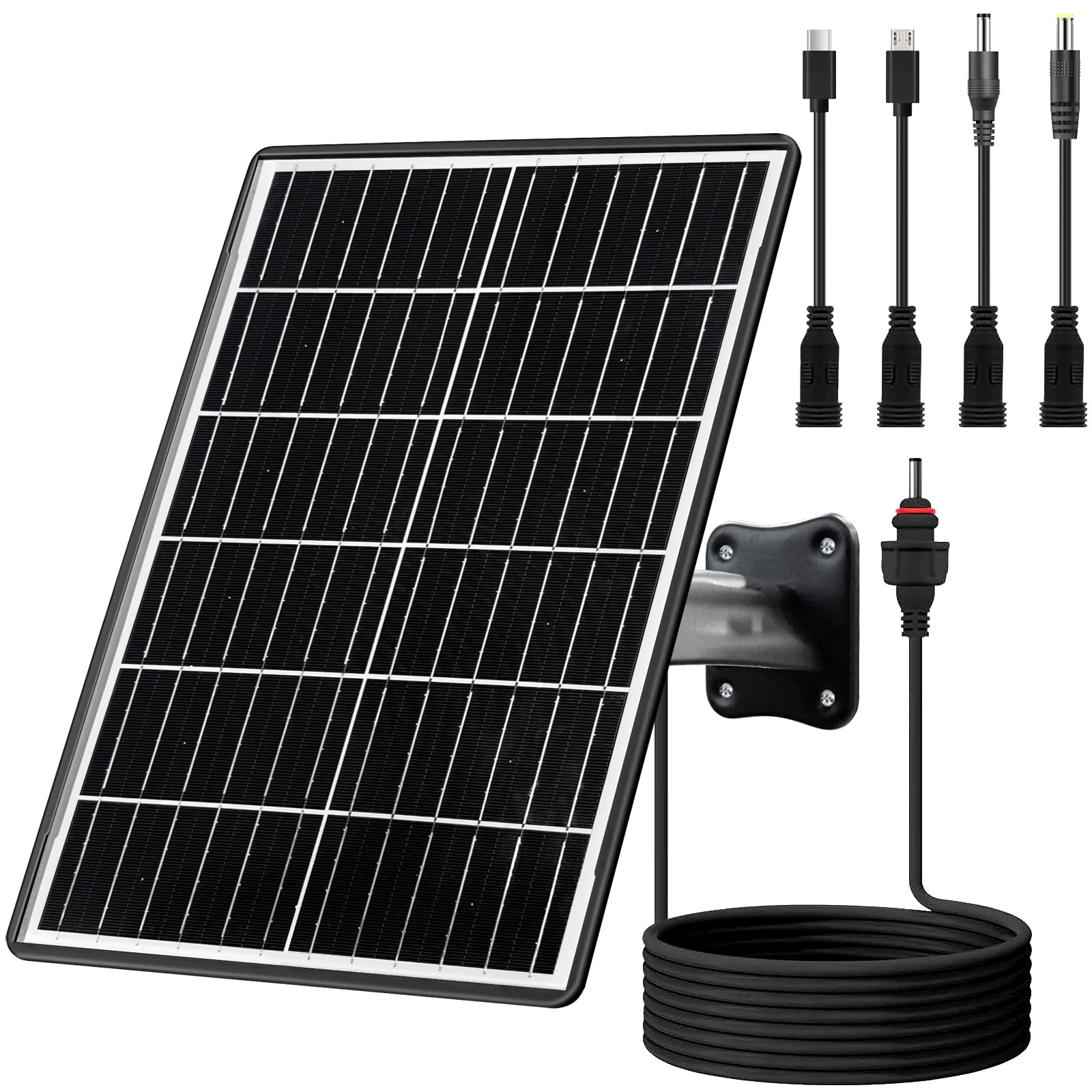 Kit di pannello solare 15 W con batteria integrata 16000 mAh Tensione: 5 V/6 V/9 V/12 V Corrente: 1,5 A Caratteristiche USB-C, Micro-USB e DC 2,1/1,7/1,35 mm Compatibile con tutte le telecamere di
