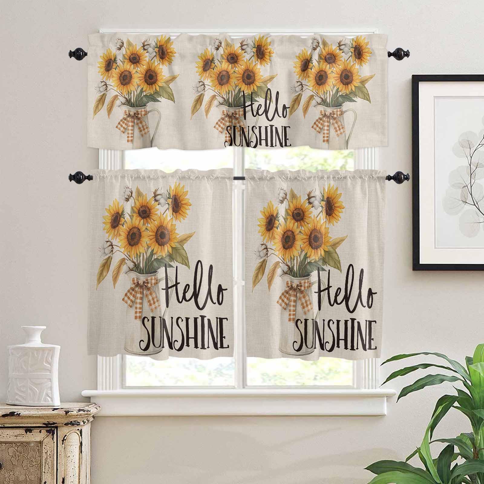 Yellow Sunflowers Kitchen Curtains 36 Inch Length,3 Piece Rod Pocket Small Half Tiers and Valance Set,Spring Blooms Botanical Garden Floral Small Large Window Treatment Decor for Bedroom/Bathroom