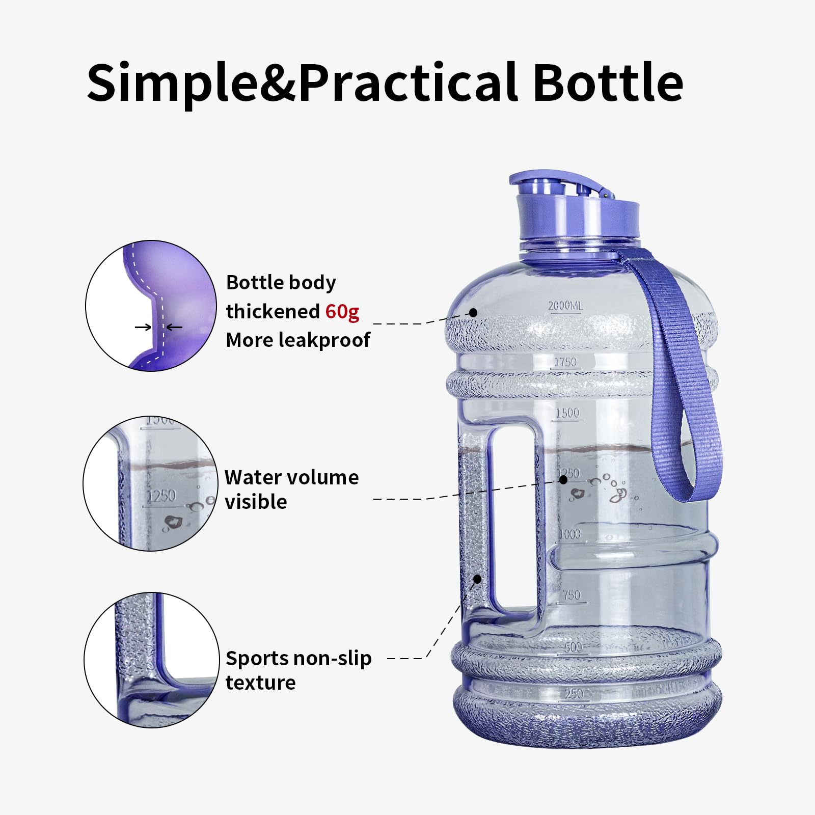 TOOFEEL Waterflessen Van 2 Liter - Waterfles Van Een Halve Gallon Bpa Vrij Ideaal Voor Sportschool Grote Waterkruik Herbruikbare Sportfles Met Afmetingen Gemarkeerde Drankcontainer 2 2 L 72 Oz
