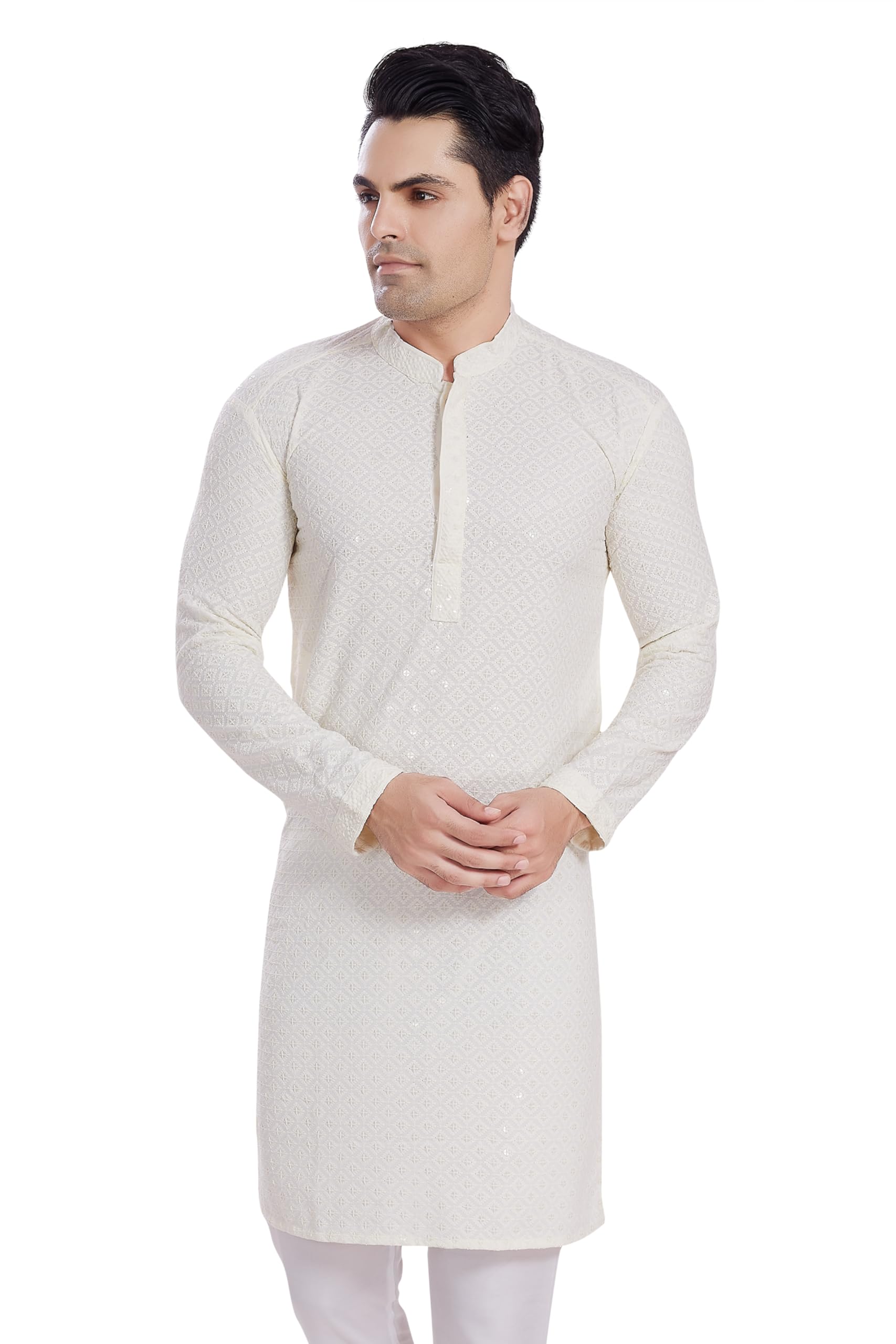 Divisive Men's Sequince Embroidered Cotton Blend Only Slim Fit Kurta (Dkrt525_S_Off White)