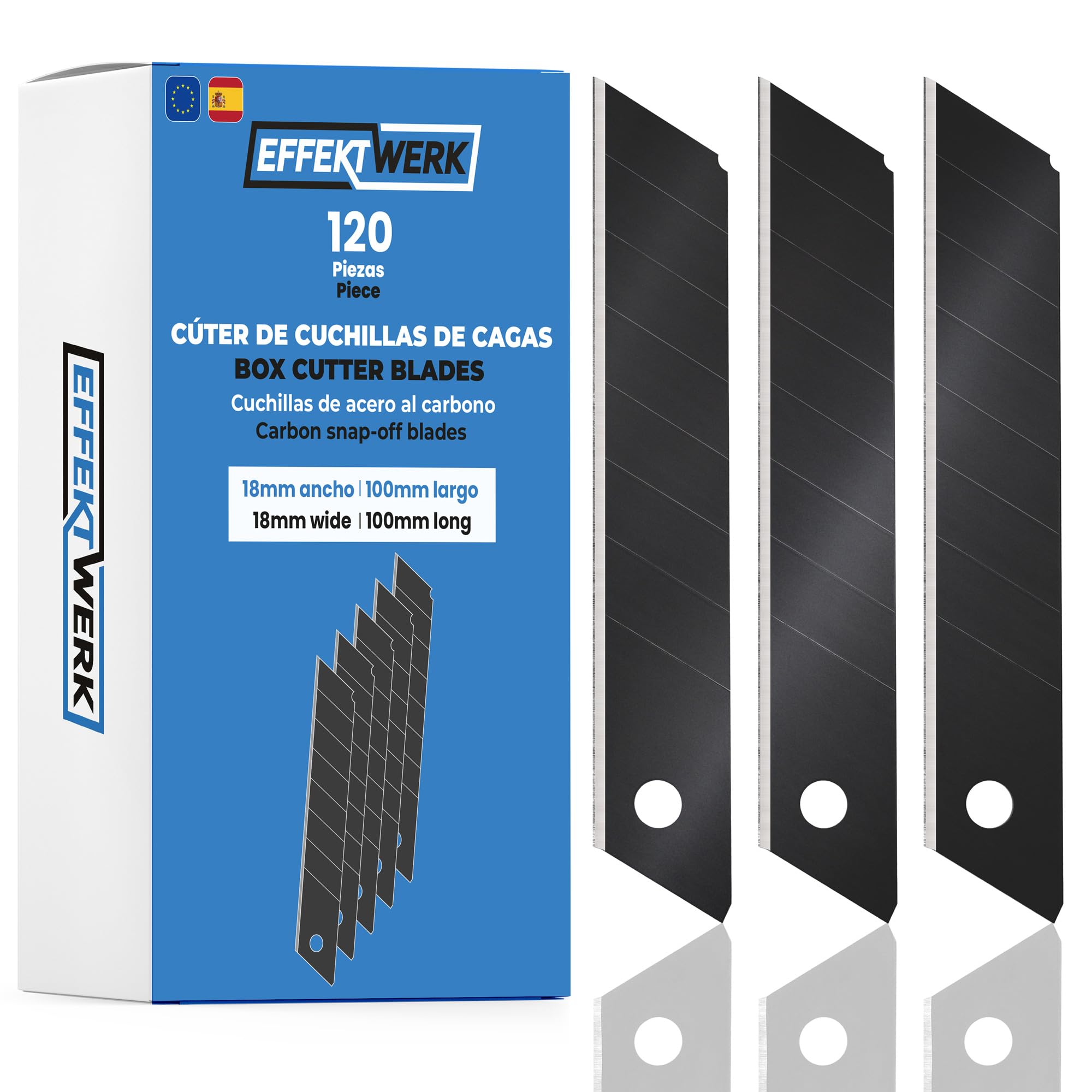 Cuchillas para cortador de cajas EffektWerk (negras, paquete de 120), cuchillas de repuesto para cuchillos utilitarios de 18 mm, cuchillas a presión de acero al carbono de alta resistencia