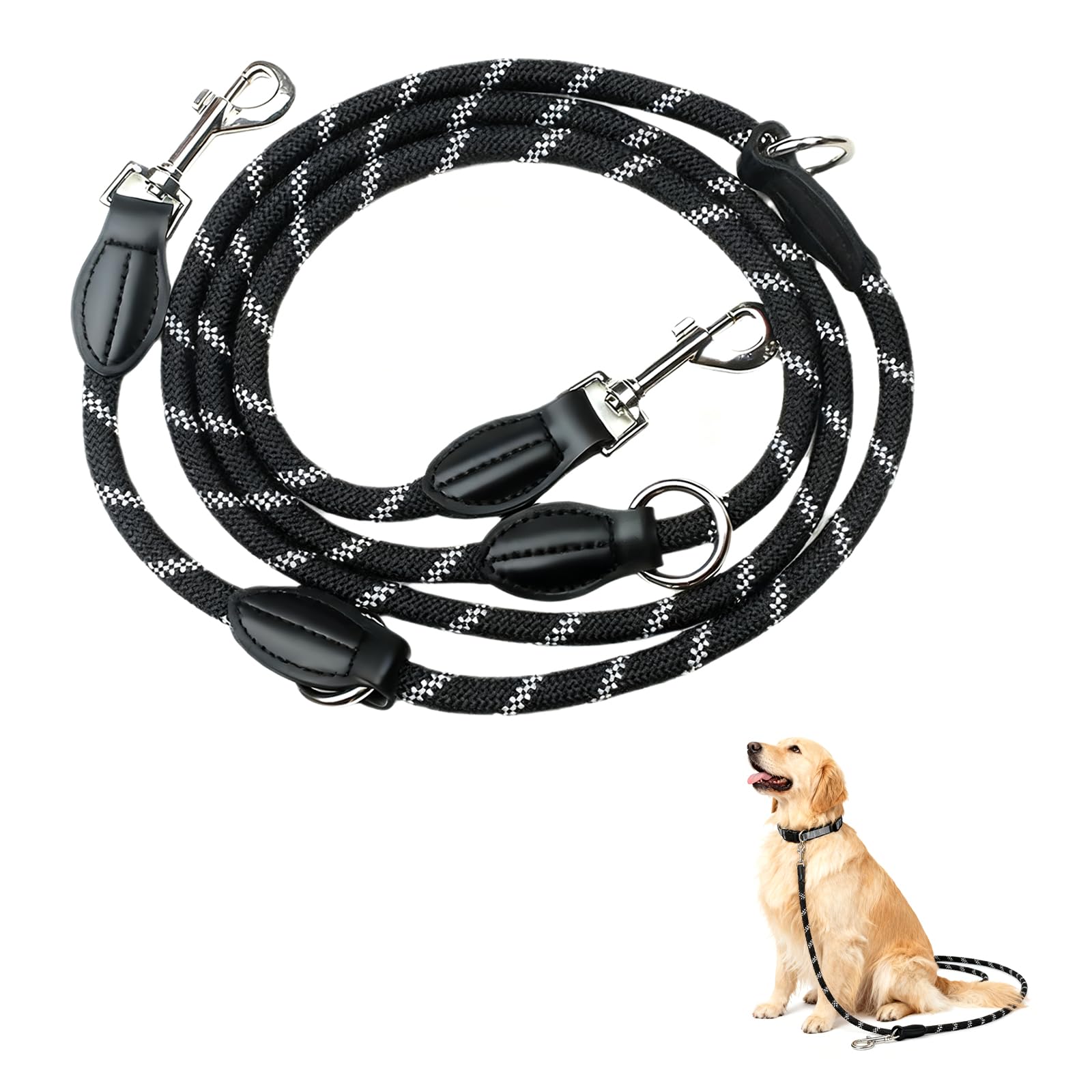 Adjustable 2M Reflective Dog Lead for Large and Medium Dogs – Strong Rope Dog Lead with Carabiner Clip– Durable Leash for Training, Running and Outdoor Walks, Black Dog Leash for Large Dogs