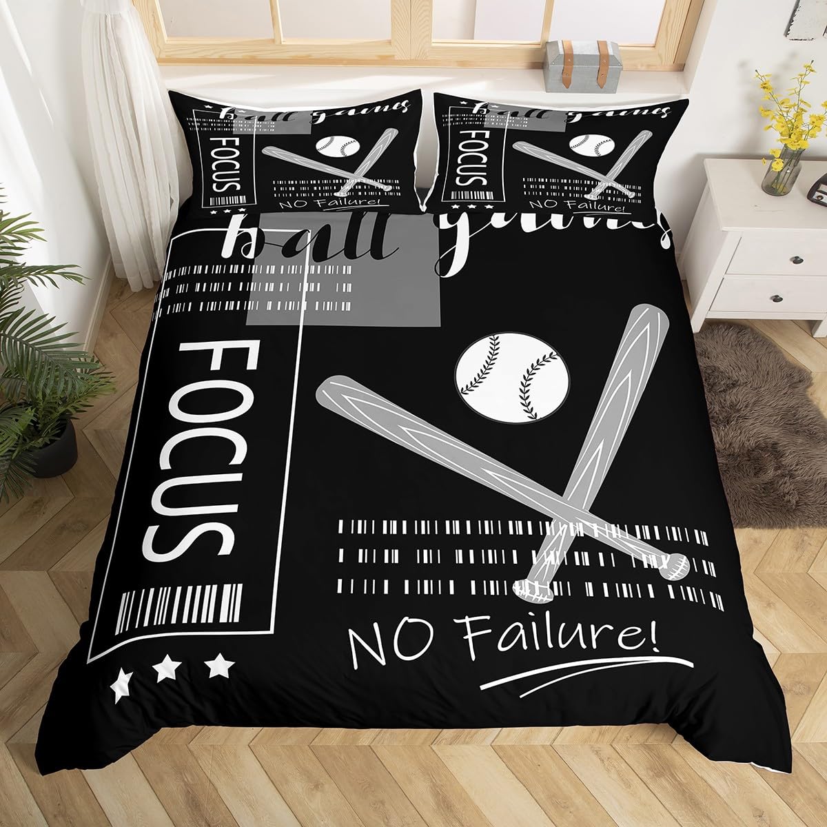 Baseball Duvet Cover King,Black and White Baseball Bedding Set for Kids Boys Girls Room Decor,Sports Theme Duvet Cover Ball Games Bed Set 3Pcs (No Comforter)