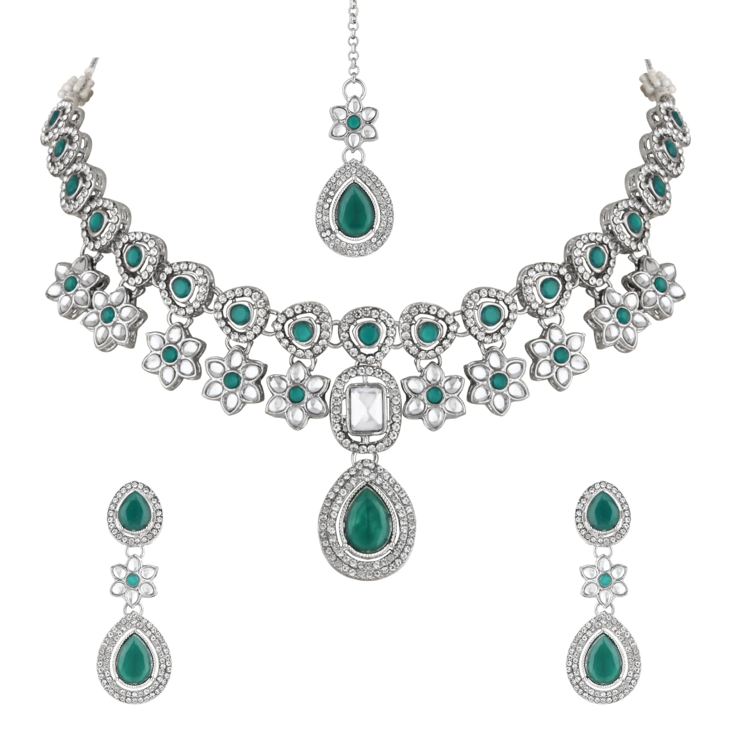 I Jewels Silver Plated Traditional Kundan Stone Necklace Jewellery Set With Earrings & Maang Tikka for Women (IJ378ZG) (B0D968WGR9) Amazon Price History, Amazon Price Tracker