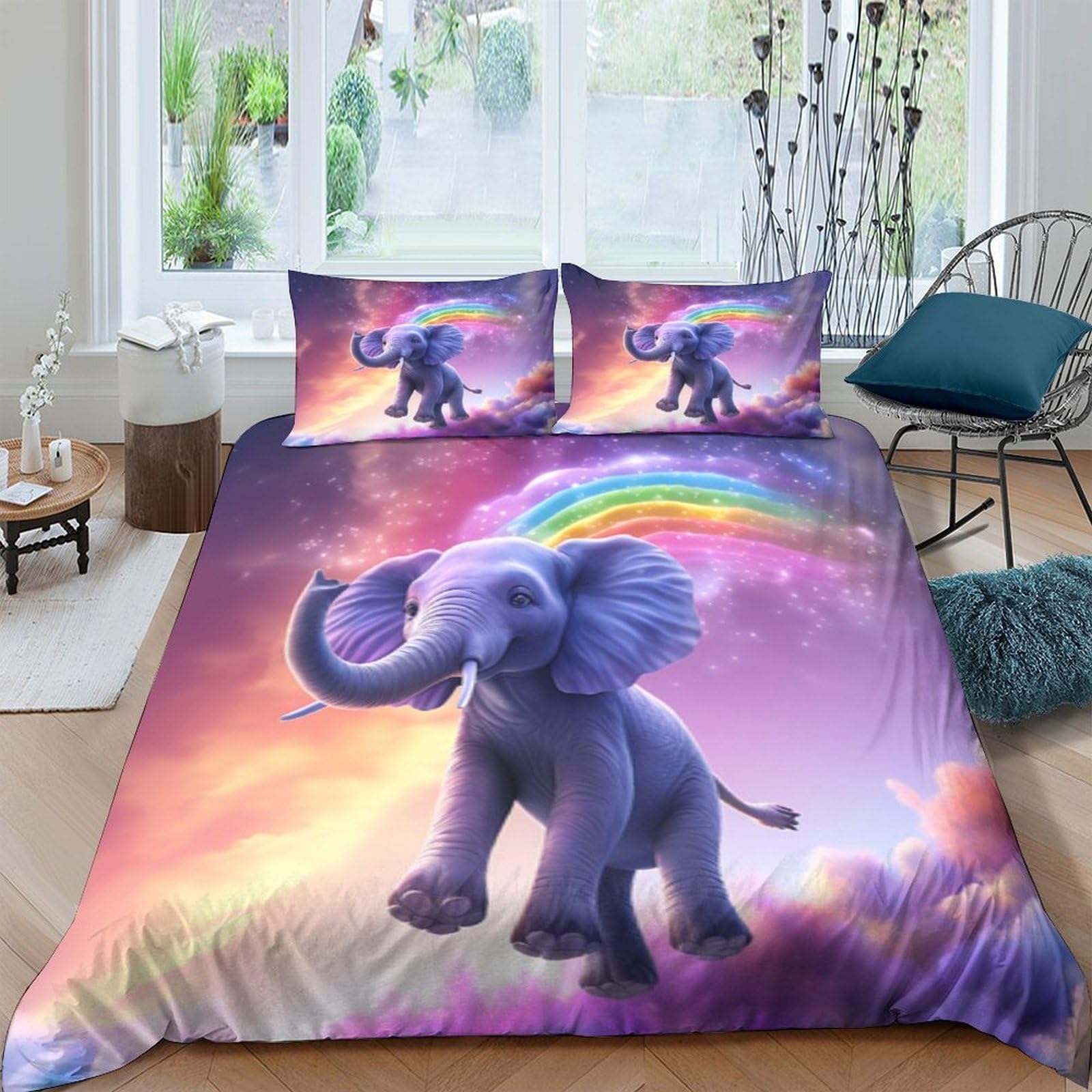 Ctjqhvkz Style-6 3D Printed Elephant Rainbow Fitted Sheet Microfiber Soft Anti-Slip Bed Cover Purple Clouds For Bedroom Guest Room Decor Single（135X200cm）