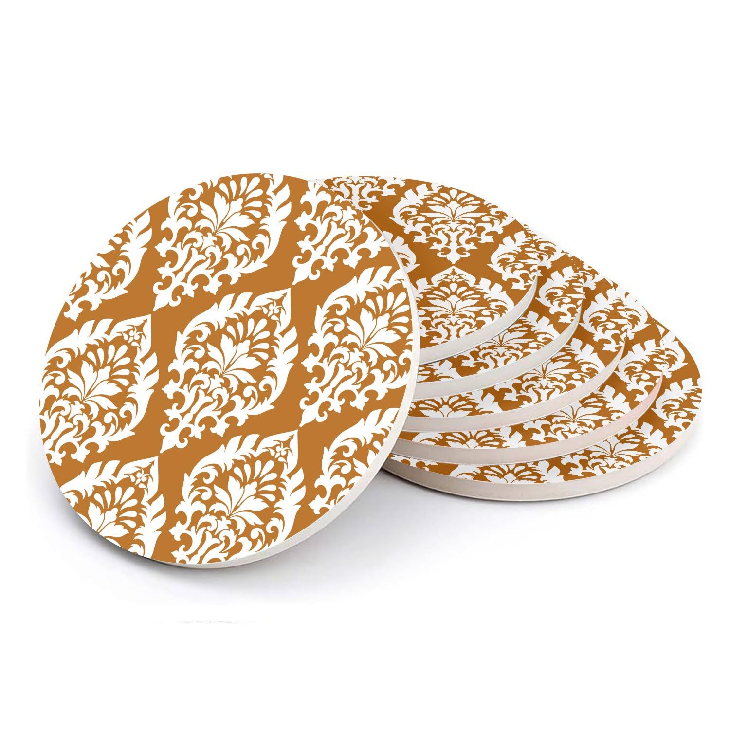 Sous-verre ronds en céramique damas orange lot de 6 dessous de verre rétro pour table 10 cm