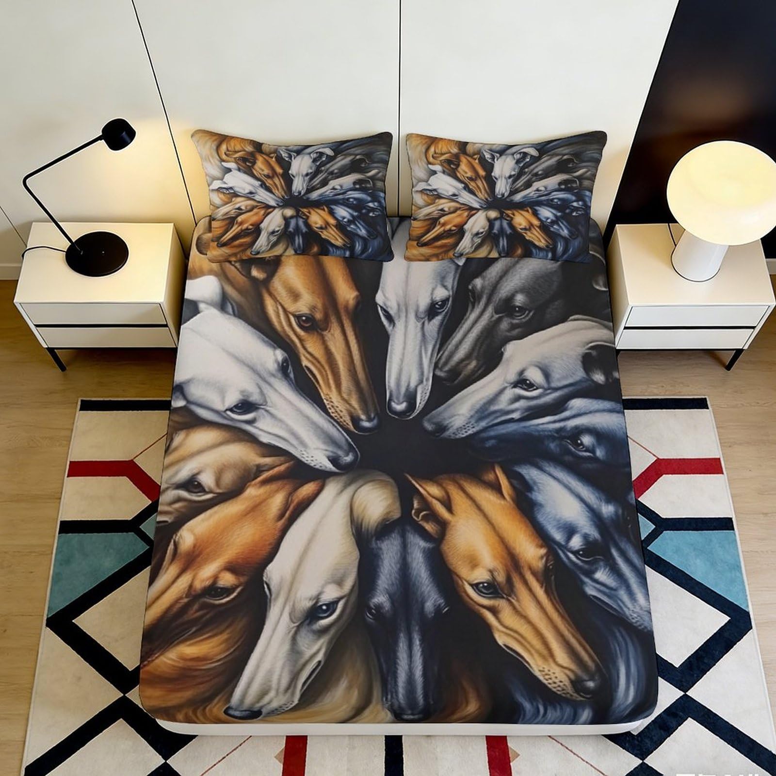 3D Printed Greyhound Dog Fitted Sheet Microfiber Soft Non-slip Mattress Cover for Bedroom Dorm Protective Decor 160x200x25cm
