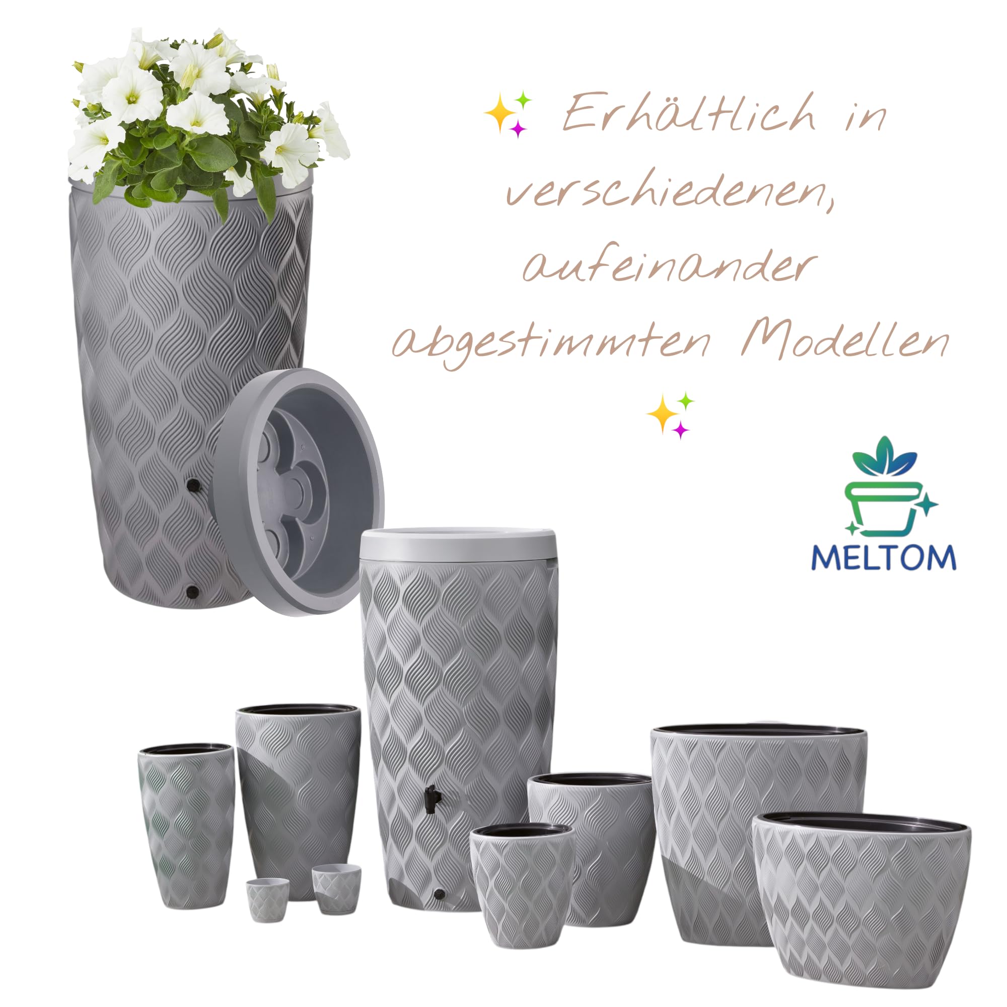 Designerski zbiornik na wodę deszczową 240 l, możliwość sadzenia roślin, wysokość 112 cm, bez zestawu przyłącza rury spustowej, pojemnik na wodę do ogrodu, pojemnik na deszczówkę, tworzywo sztuczne