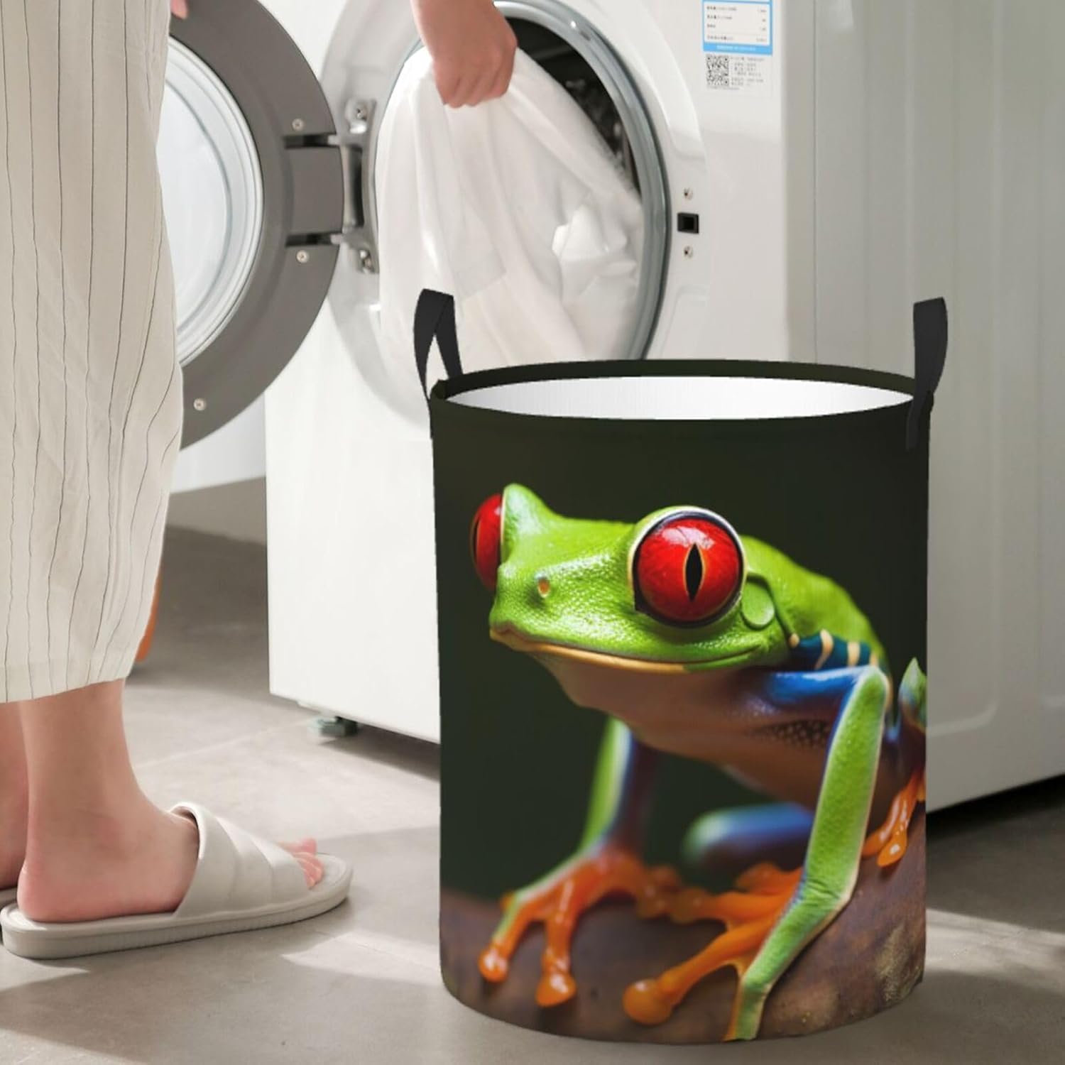 Red Eyes Tree Frogs Laundry Basket Circular Laundry Hamper with Handles Waterproof Collapsible Cloth Storage Bin Large Washing Baskets for Blanket, Toy In Bathroom, Bedroom Medium