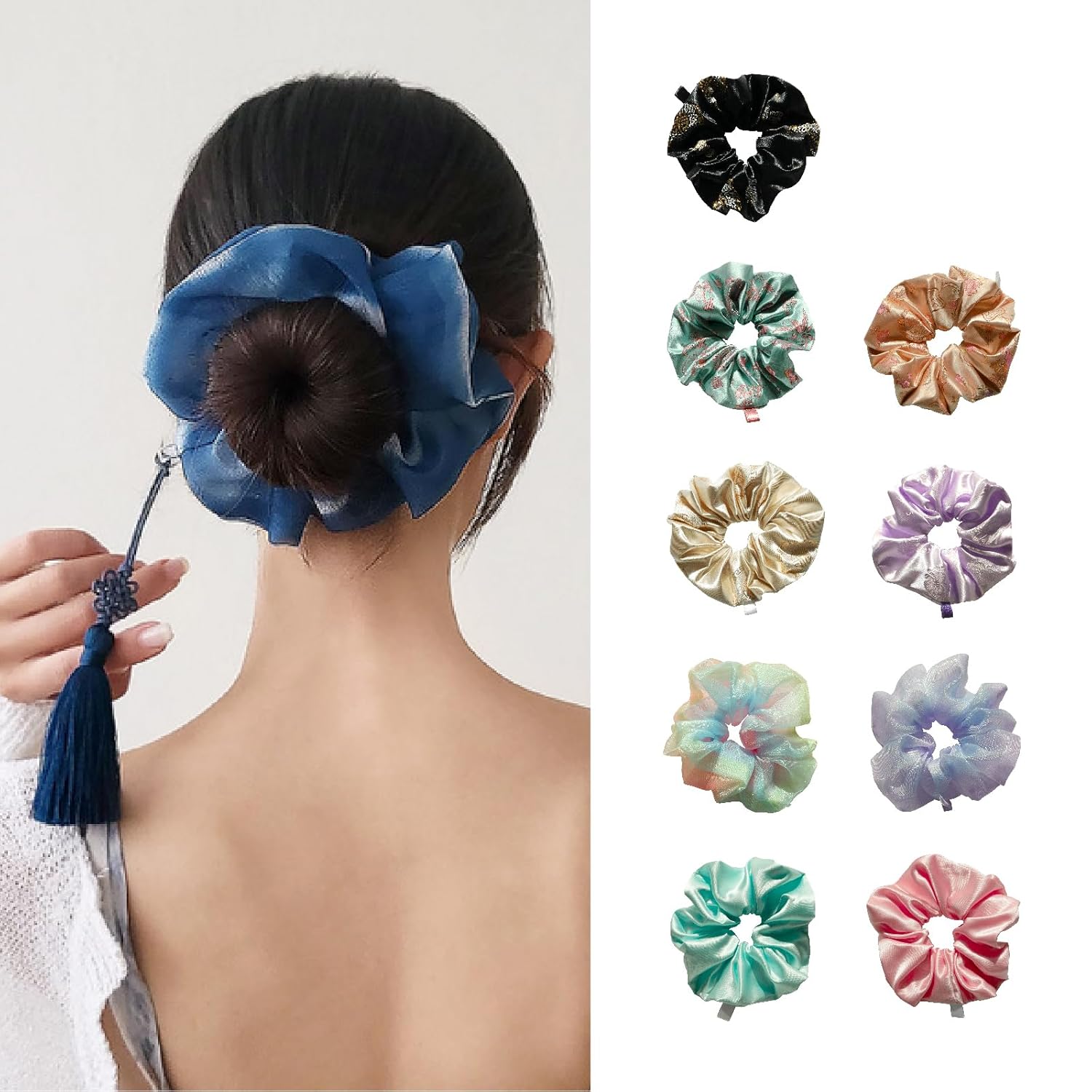 Generic Handmade Soft Korean Scrunchies for Women - Sabang Shin Hanbok Hair Accessory with Beige Ball Trinket Tassel