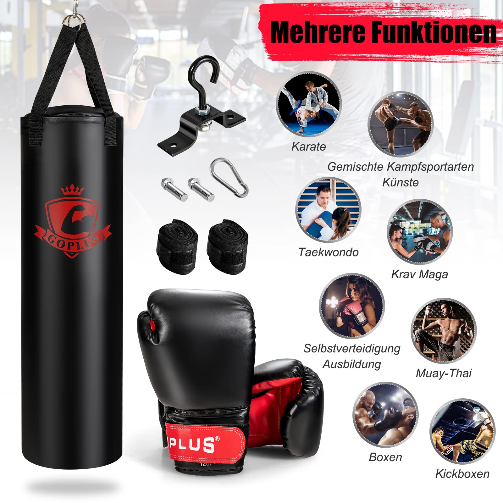 GOPLUS Boxsack-Set, Box-Set mit Boxhandschuhen, Reißverschluss, Bandagen, Aufhängungshaken, Mehrere Montageoptionen, Punchingsäcke für Muay Thai, Kickboxen, Kampfsport, Karate & Boxen, PVC