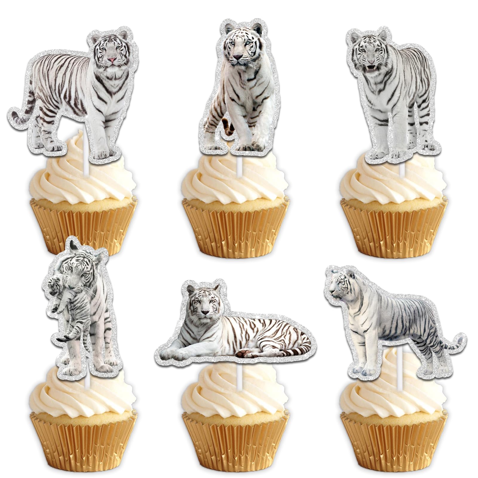 18pcs White Glitter Tiger Dessert Cupcake Topper Pick for King of Animals Theme Decor Supplies Baby Shower Wedding Anniversary Happy Birthday Party Decoration