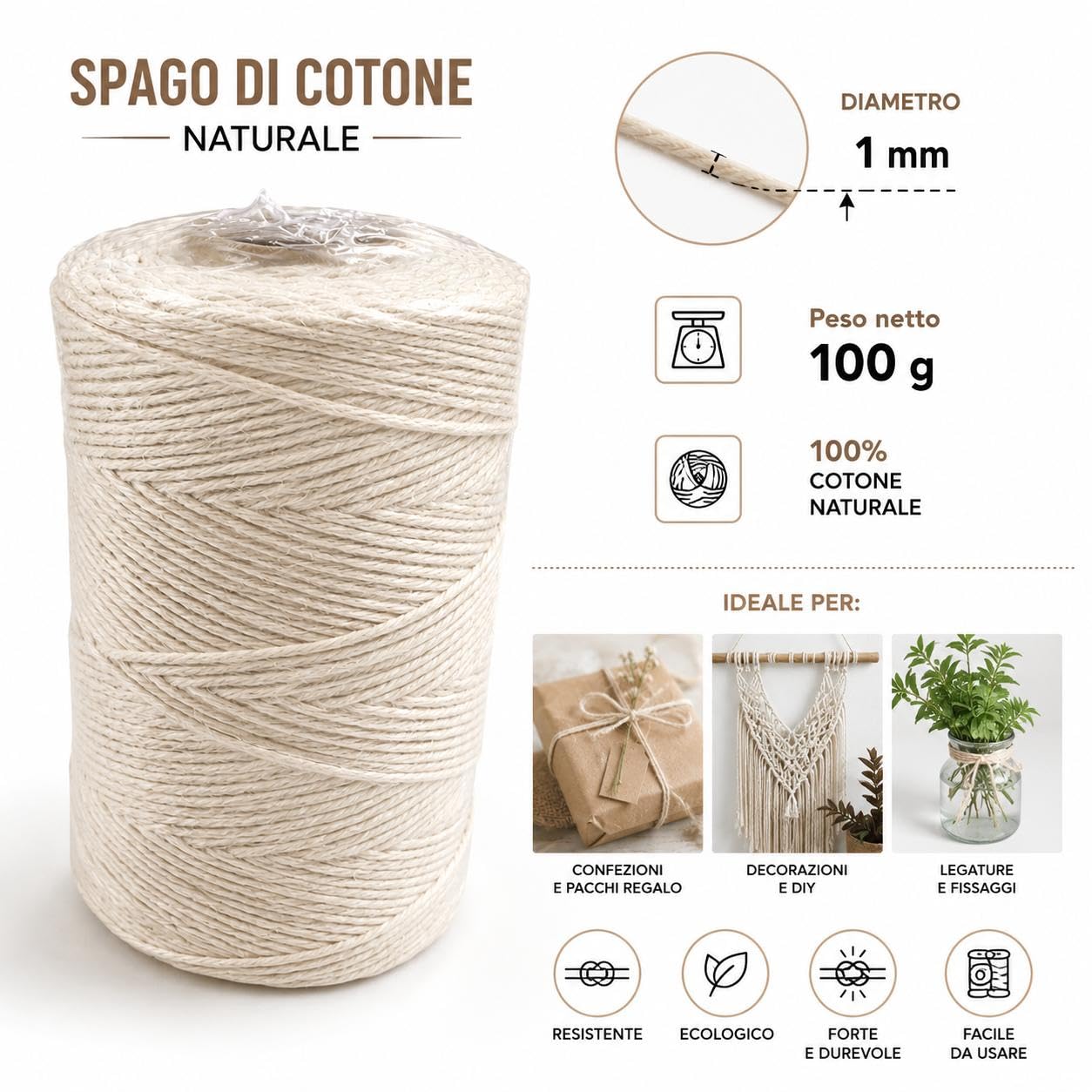 Spago in Cotone Naturale 1mm x 100g Bobina per Cucina Giardinaggio Fai da Te