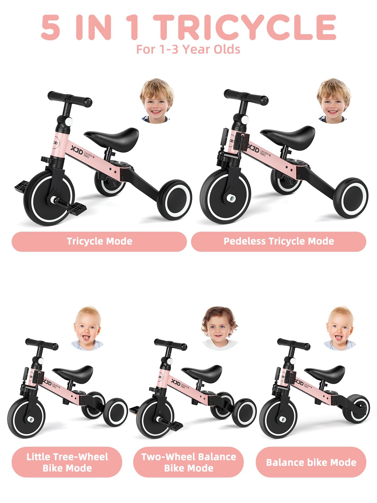XJD Triciclo 3 in 1 per bambini e ragazze da 10 a 36 mesi senza pedali per bambini con regolabile sedile manubrio e pedali smontabili 1 anno regalo di compleanno (3 en 1 - Clásico, rosa)