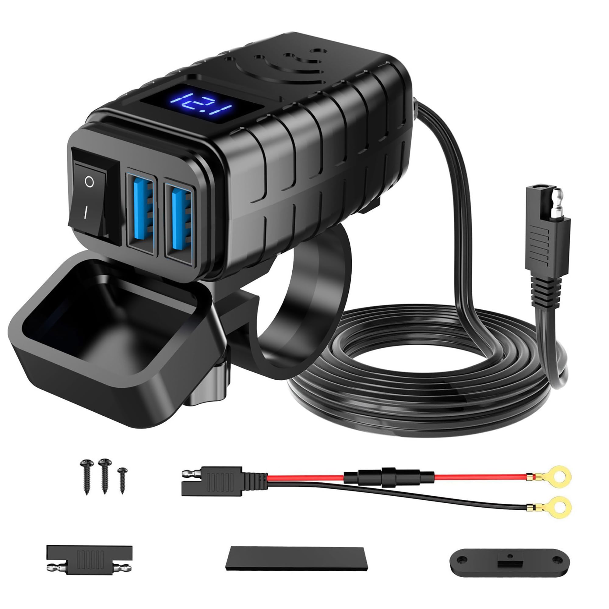 Presa USB per moto, impermeabile, doppia presa USB con interruttore e misuratore di tensione LED, QC 3.0, doppia presa per 12 V – 24 V, moto, camper, auto yacht
