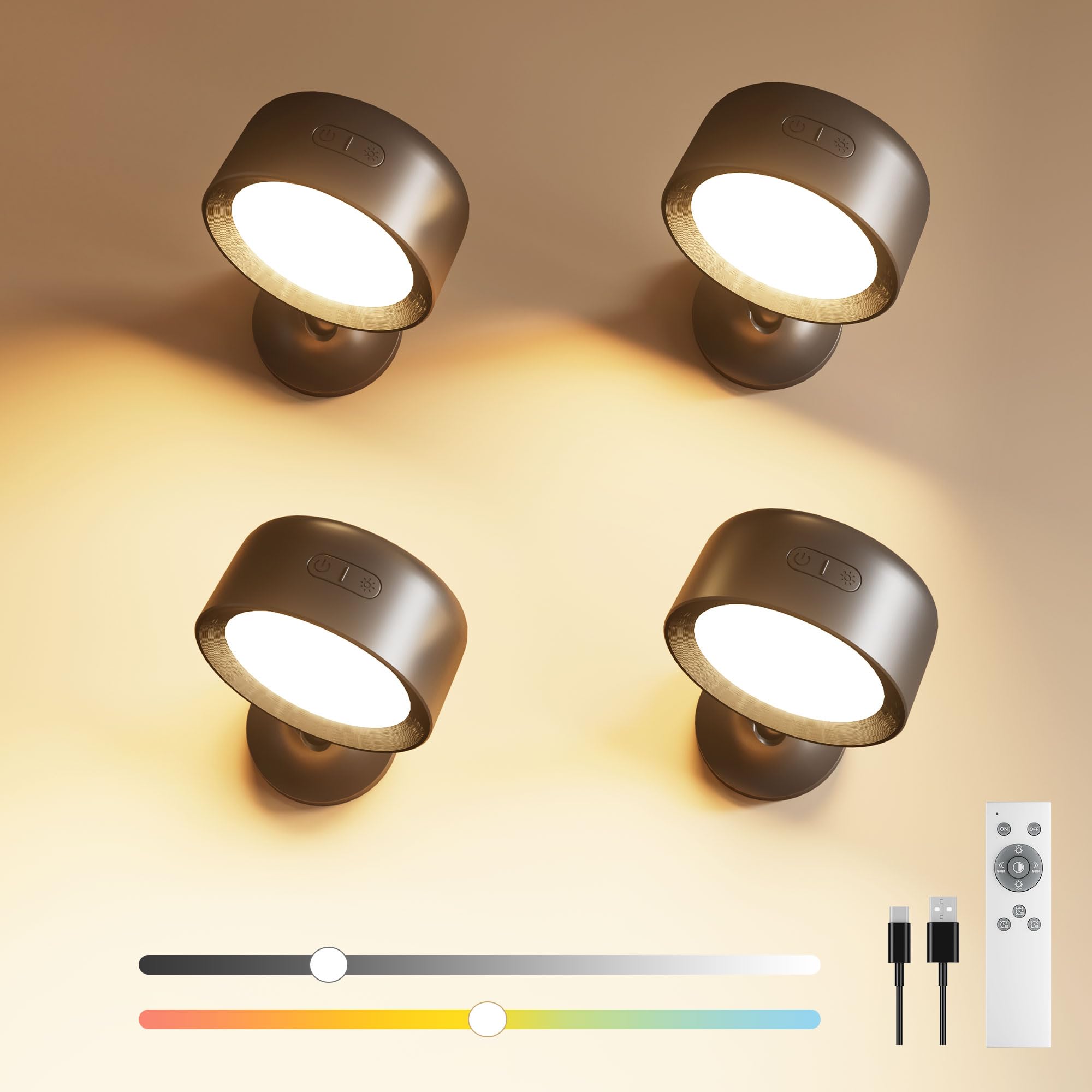 FULEN Aplique de Pared Interior, 4 Piezas Lámpara de Pared LED Recargable 8000mAh con 18 Colores, Táctil y por Control Remoto, 360° Lámpara de Inalámbrica para Mesita de Noche en Dormitorio