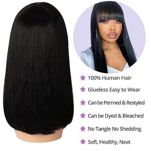 Miniatura 9 de Unonet Pelucas cortas Bob de 10 pulgadas para mujeres negras, pelucas de cabello humano Bob con flequillo, pelucas sin encaje frontal, pelucas de