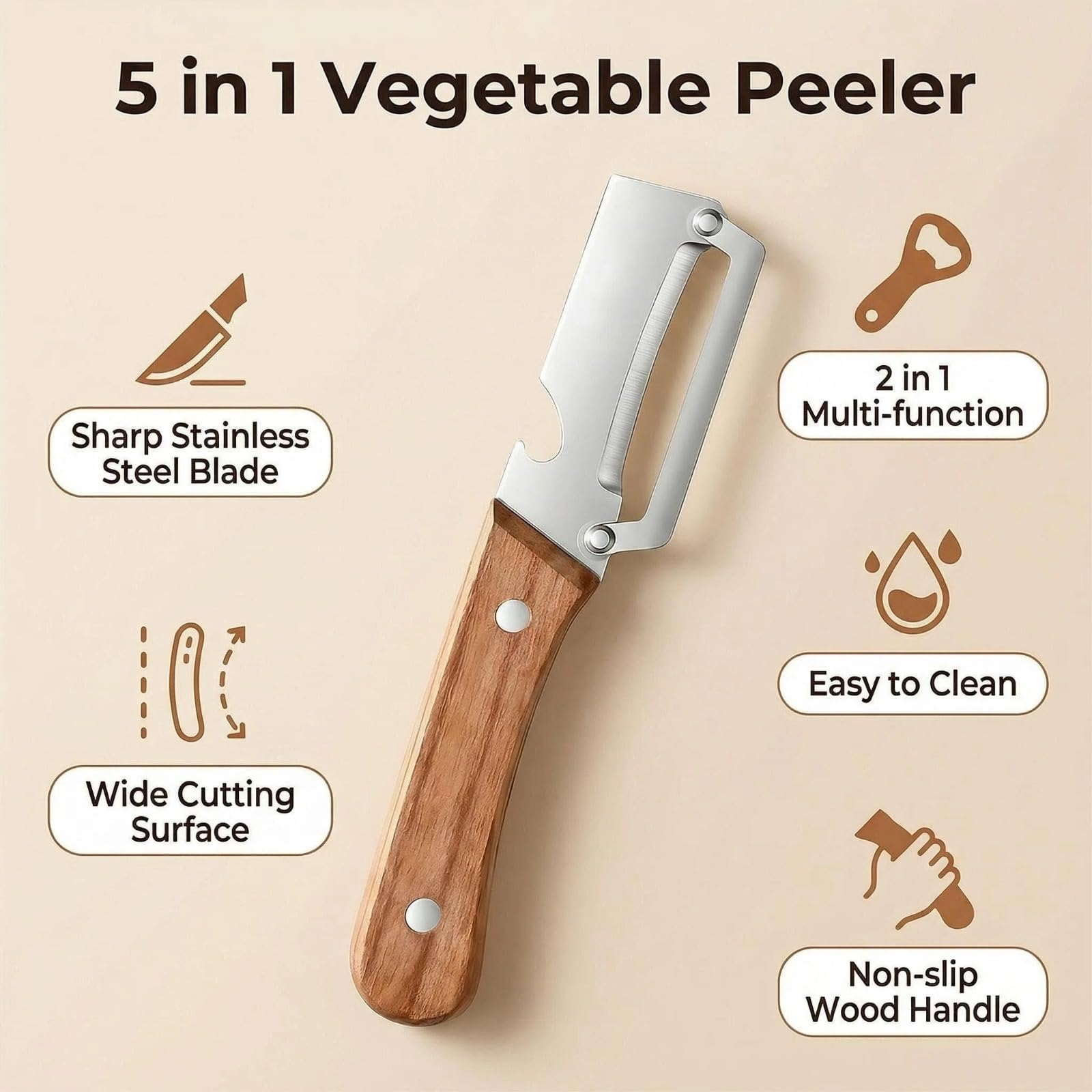 NEW Premium Vegetable Peeler with Wooden Handle and Bottle Opener: 2-in-1 Stainless Steel Kitchen Tool for Fruit Apple Potato Pumpkin Papaya 2Pcs product thumbnail 8