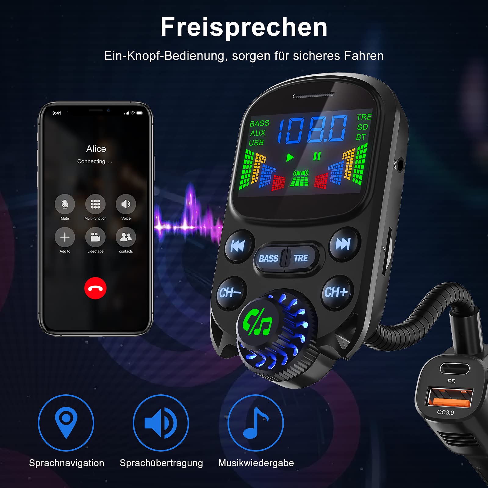 Bluetooth 5.3 FM Transmitter für Auto - 30W Dual USB Ladegerät mit QC3.0 & PD3.0, Kfz Radio mit Freisprechanlage und Höhen- und Bassanpassung, unterstützt U Disk/TF Karte/AUX