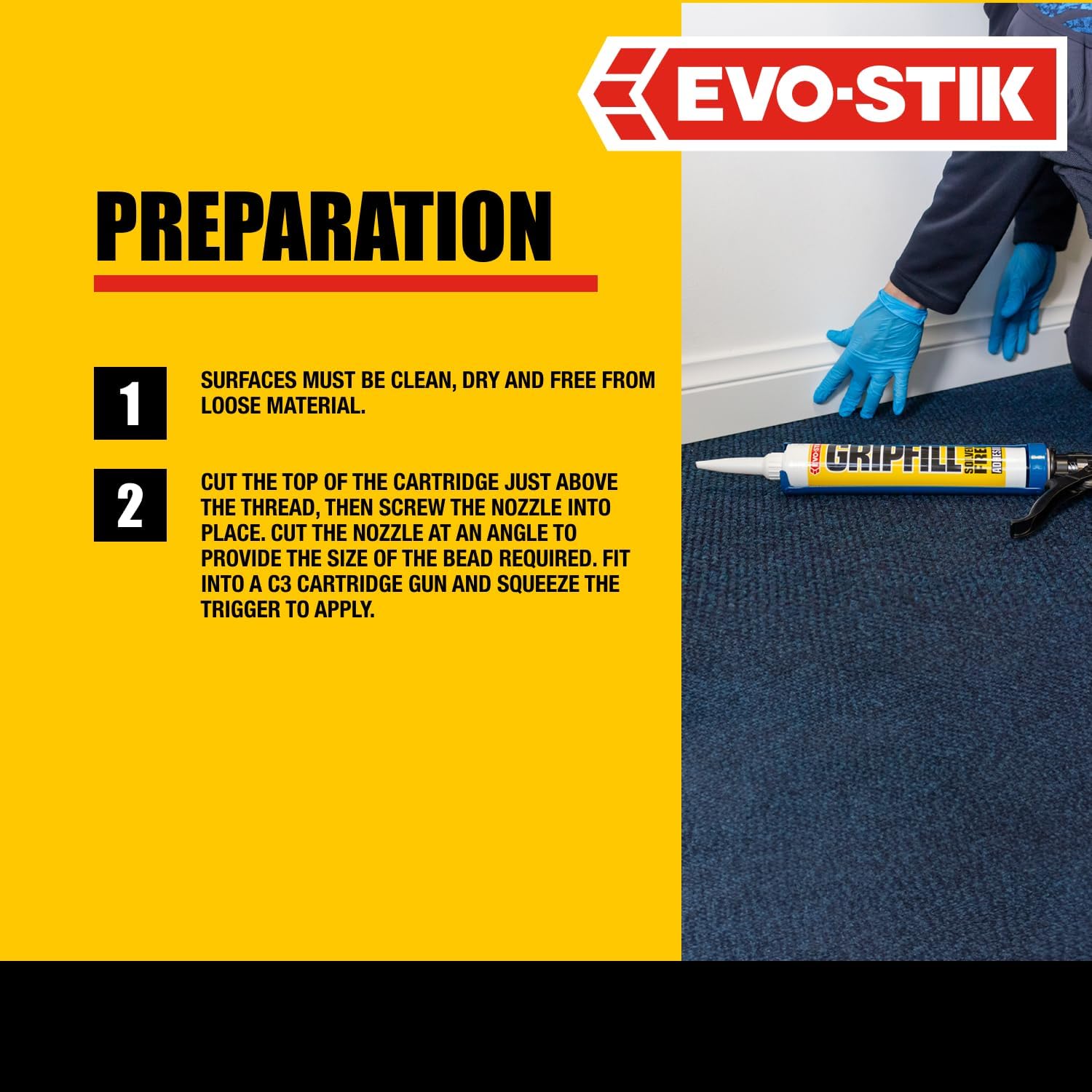 Evo-Stik GRIPFILL Solvent Free Adhesive, Multi-Purpose, High Strength, Gap Filling, Colour: White