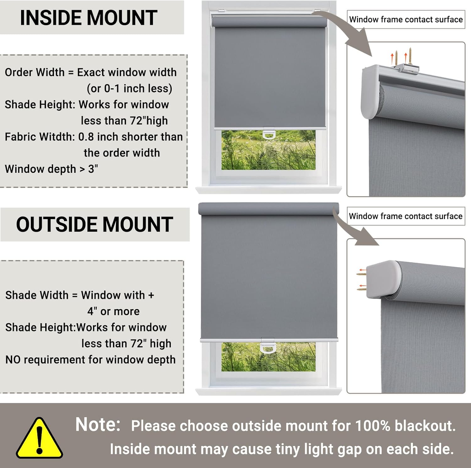 100% Blackout Indoor Cordless Roller Shades for Windows,Room Darkening Rolled Up Blinds with Spring System,Thermal Insulated UV Protection Waterproof Fabric for Home Office (Grey,14" W x 72" H)
