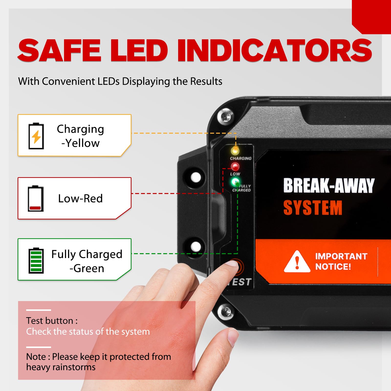 FIERYRED Kit de separación de remolque con botón de prueba con batería y cargador, controlador de emergencia integrado de batería de 5AMH, indicador LED