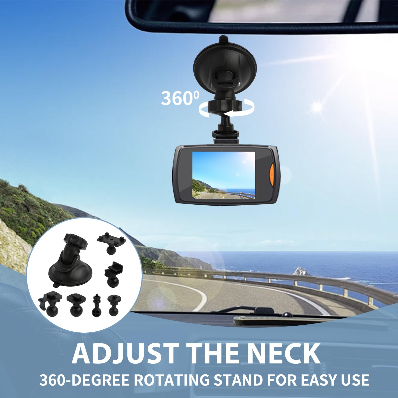 Supporto da Auto con Ventosa per Cruscotto e Parabrezza, Compatibile con Dash Cam, GPS e Action Camera, con Adattatore a 6 Tipologie e Rotazione a 360 Gradi, Buona stabilità Visione Grandangolare