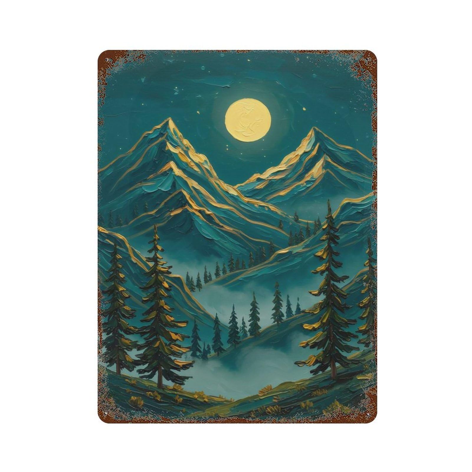 Moonlit Pines And Peaks 15.7"x11.8" Retro Metal Sign, Industrial Home Decor for Basement, Hobby Room And Garage Decor