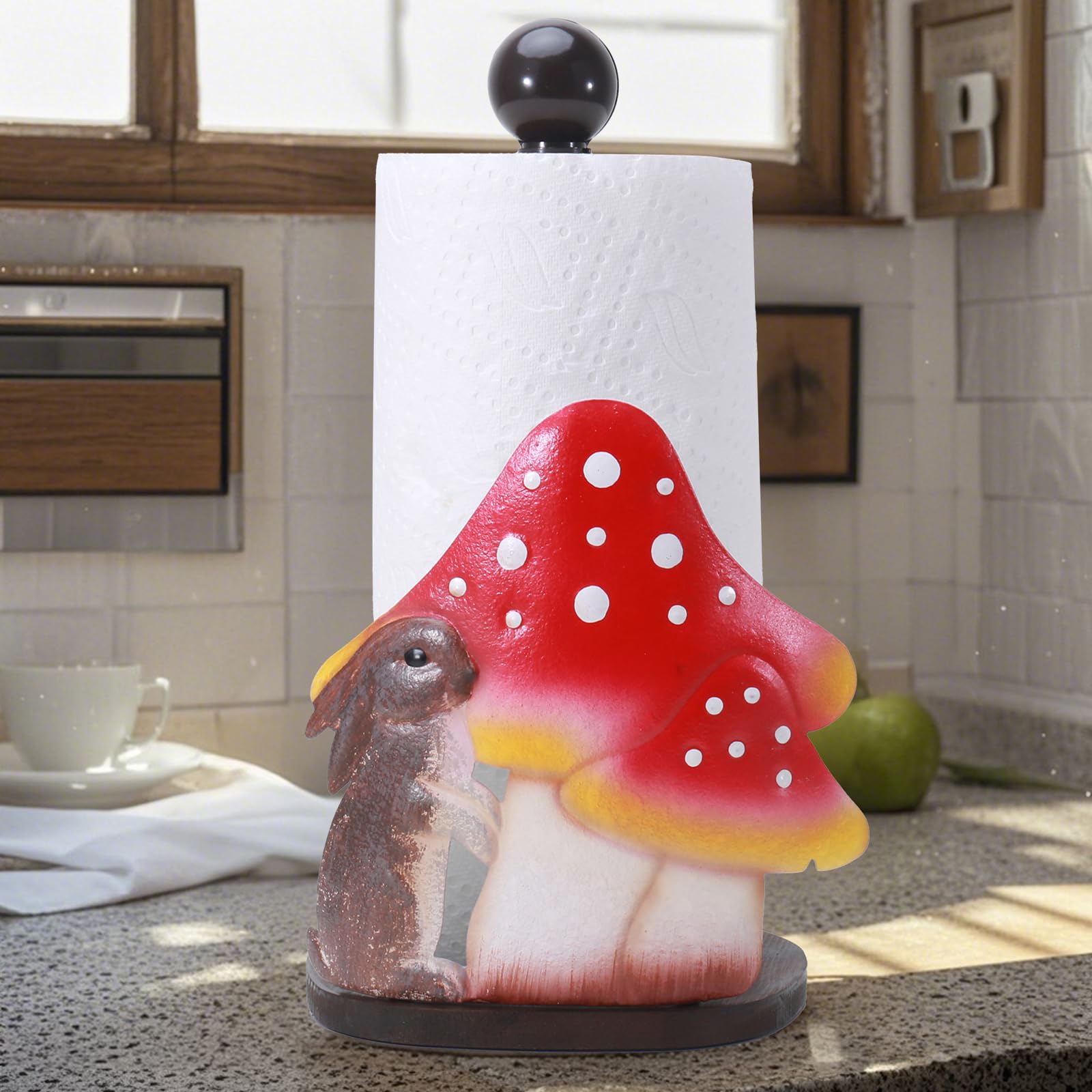 Dispensador único de toallas de papel con diseño de conejos y hongos, marco de madera de hierro antideslizante para baño o cocina, soporte para toallas de papel