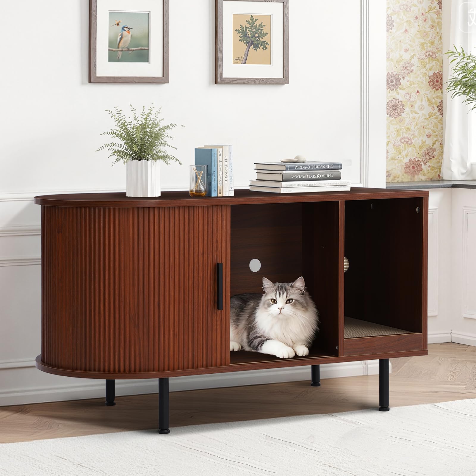 Cat Litter Box Furniture, Hidden Litter Box Cabinet with Cat Scratch Pad and Ball, Wooden Cat House Enclosure for Living Room, Bedroom, Entrance (Brown, 37.4" L x 16.6" W x 21.7" H)