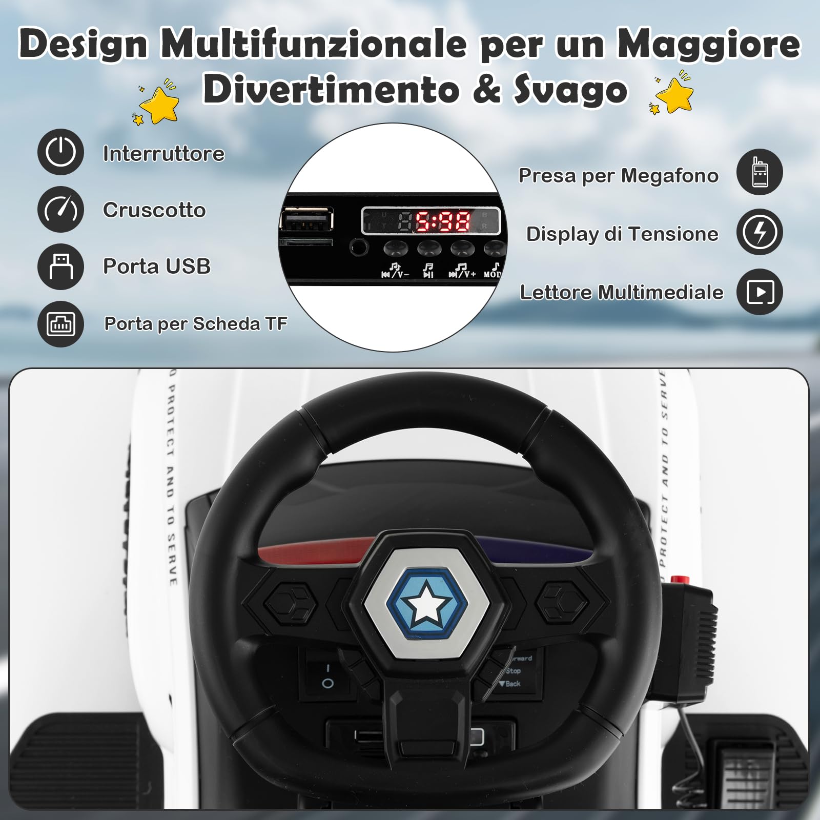 RELAX4LIFE Macchina Elettrica della Polizia per Bambini 6V, Velocità 3 km/h con Megafono Musica Sirena Lampeggianti e Fari, Porta USB,5-5 Anni,Portata 25 KG (BIANCO)