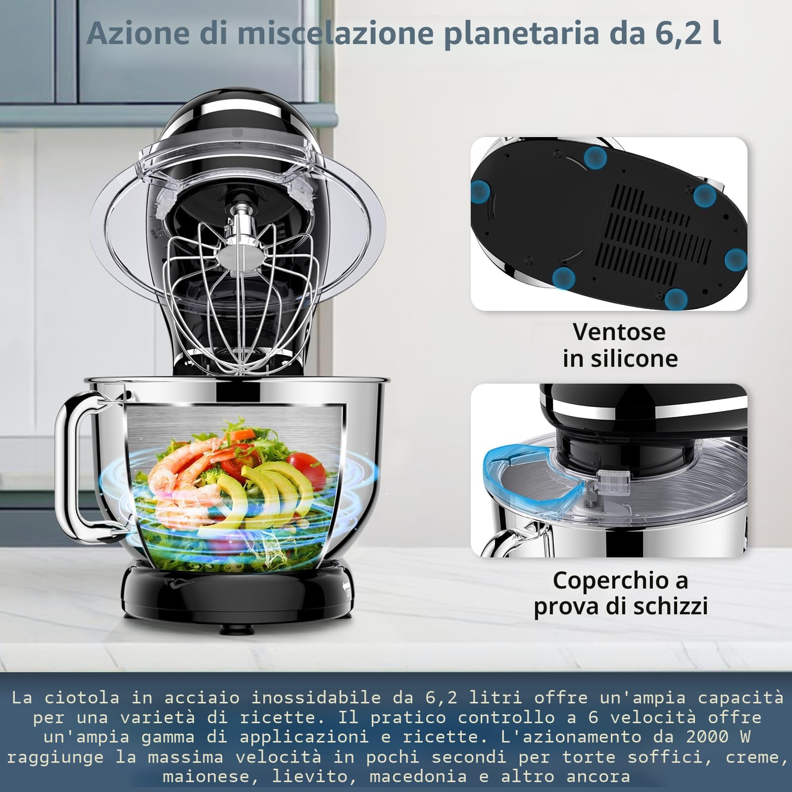 CHeflee Impastatrice Planetaria,2000W Robot da Cucina Multifunzione,6.2 L Ciotola in Acciaio inox,con Frusta,Gancio per Impastare,Frusta per Dolci,6 Velocità Impastatrice Professionale