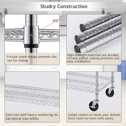 Miniatura 5 de Estantería de alambre resistente de 6 niveles, capacidad de 4800 libras, estante de metal certificado NSF con ruedas, organizador de almacenamiento