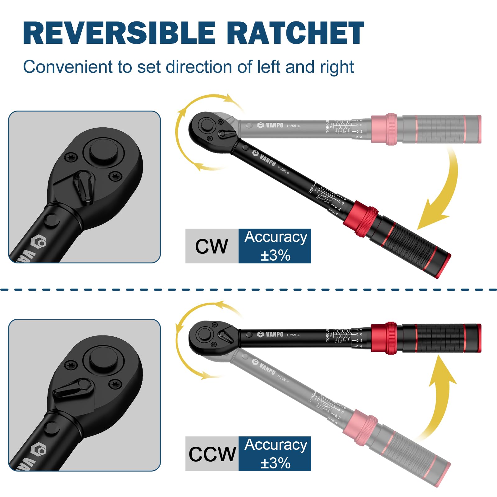 VANPO Clé Dynamométrique 1/4'', 1-25Nm pour Vélo, Précision ±3%, Kit D'entretien 49 Pièces avec Douilles Allen, Barre D'extension 75mm, Adaptateur 3/8'', Bits Adaptateur - 5