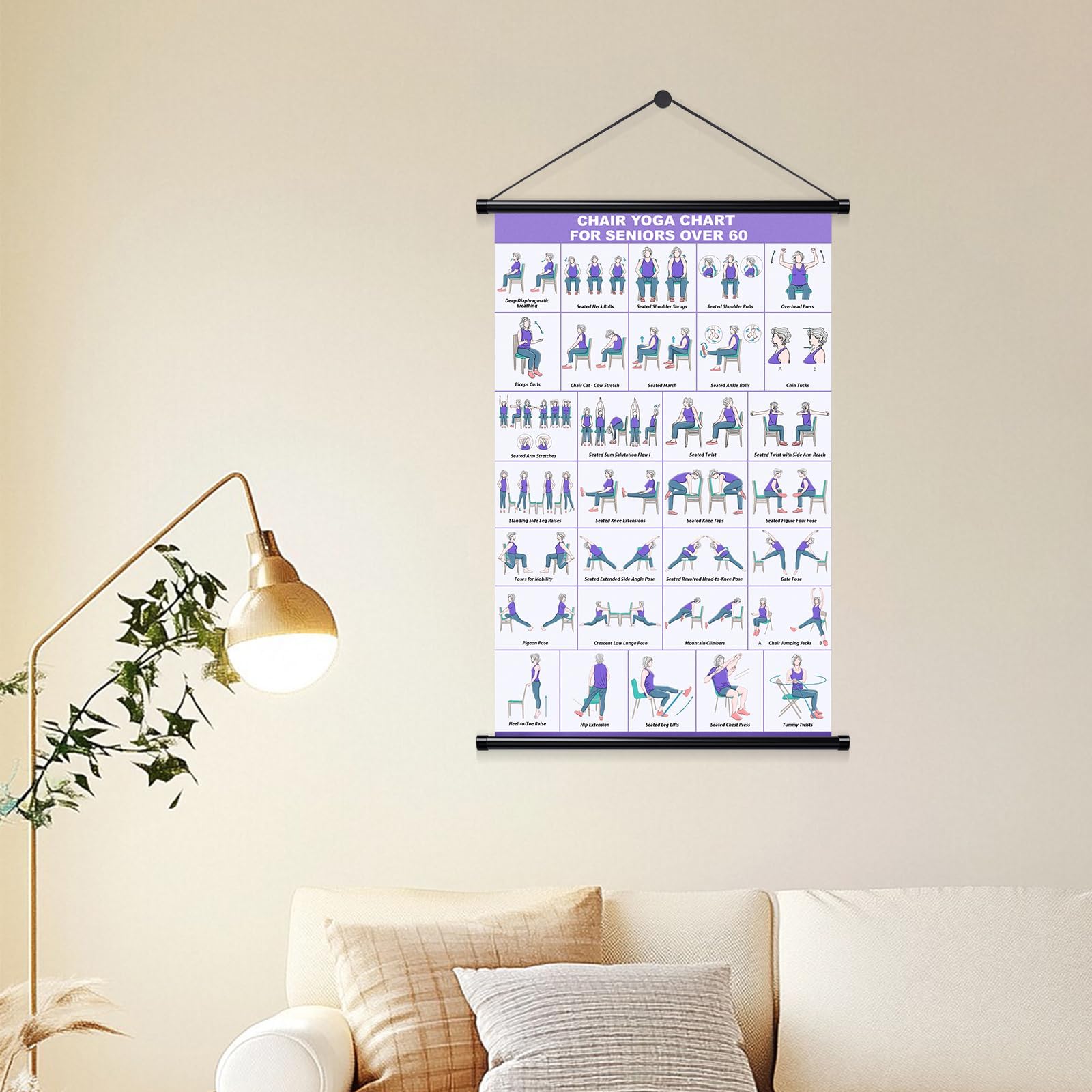 Affiche de yoga sur chaise pour seniors et débutants – tableau mural de yoga en tissu avec barres de suspension – affiche suspendue pour sport maison et mobilité douce, Guide d'activités d'étirement