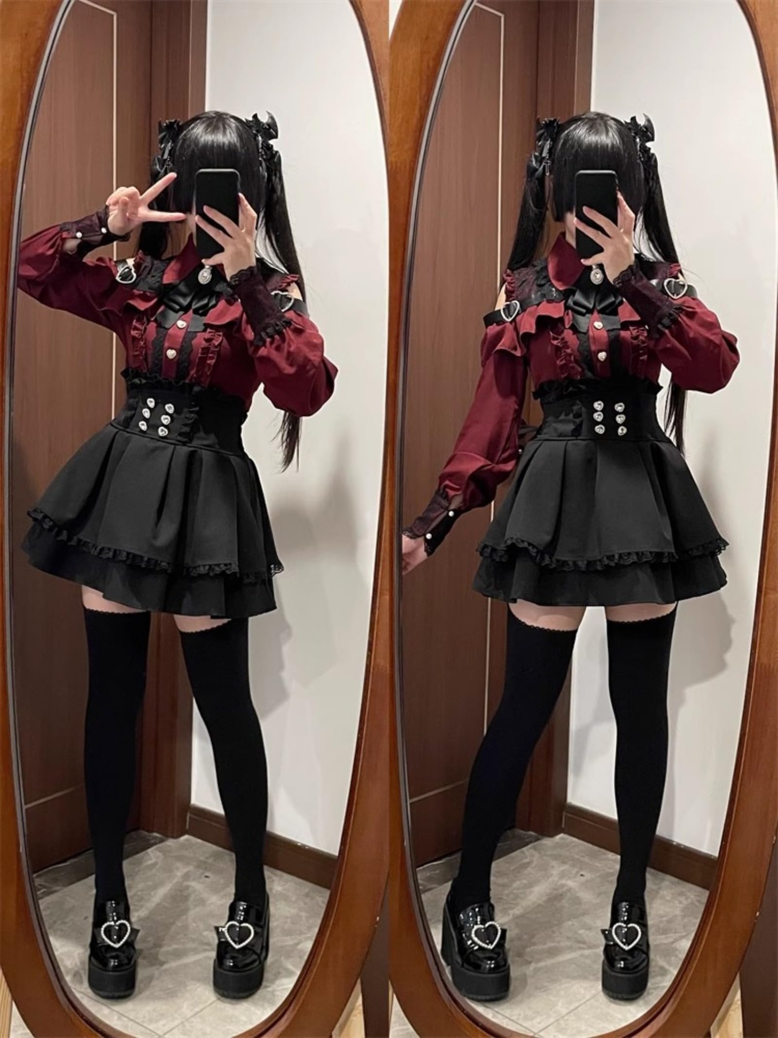 Wayolyn Lolita Shirts Jirai Kei Fashion Kawaii Clothing Goth Shirts Women Lace Mesh Sheer Long Sleeve Blouse: Red X-Large