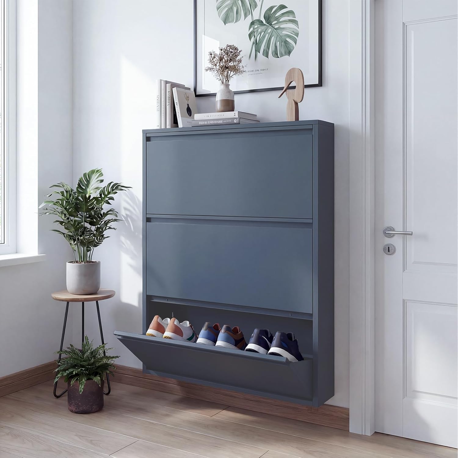 LUCYPAL Shoe Storage Cabinet with 3 Flip Drawers,Freestanding Organizer Metal Wall Shoe Cabinet for Entryway, Narrow Shoe Rack Cabinet for Living Room,Blue