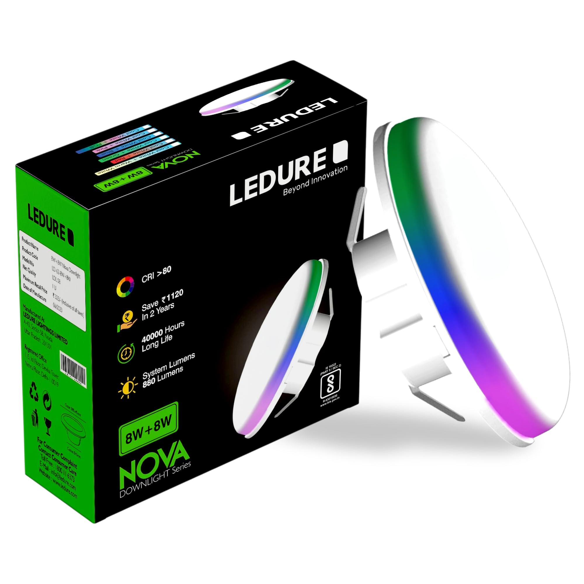 LEDURE Nova 8W+8W False Ceiling LED Downlight| 2-in1 Round Junction LED Light | Cool White+ Multi Color Pack of 1-image-20