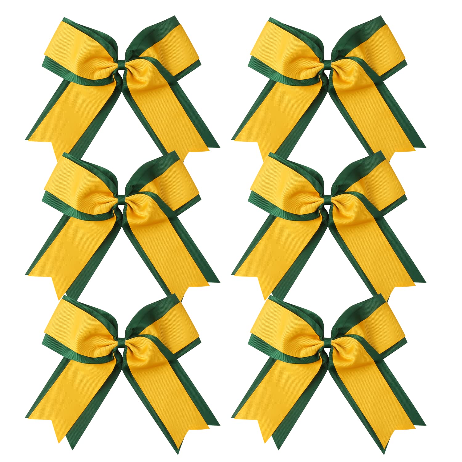 8 Inch 2 Colors Cheerleader Bows 2 Layers 6 Pcs Ponytail Holder Cheerleading Bows Hair Elastic Hair Tie (Forst Green/Gold)
