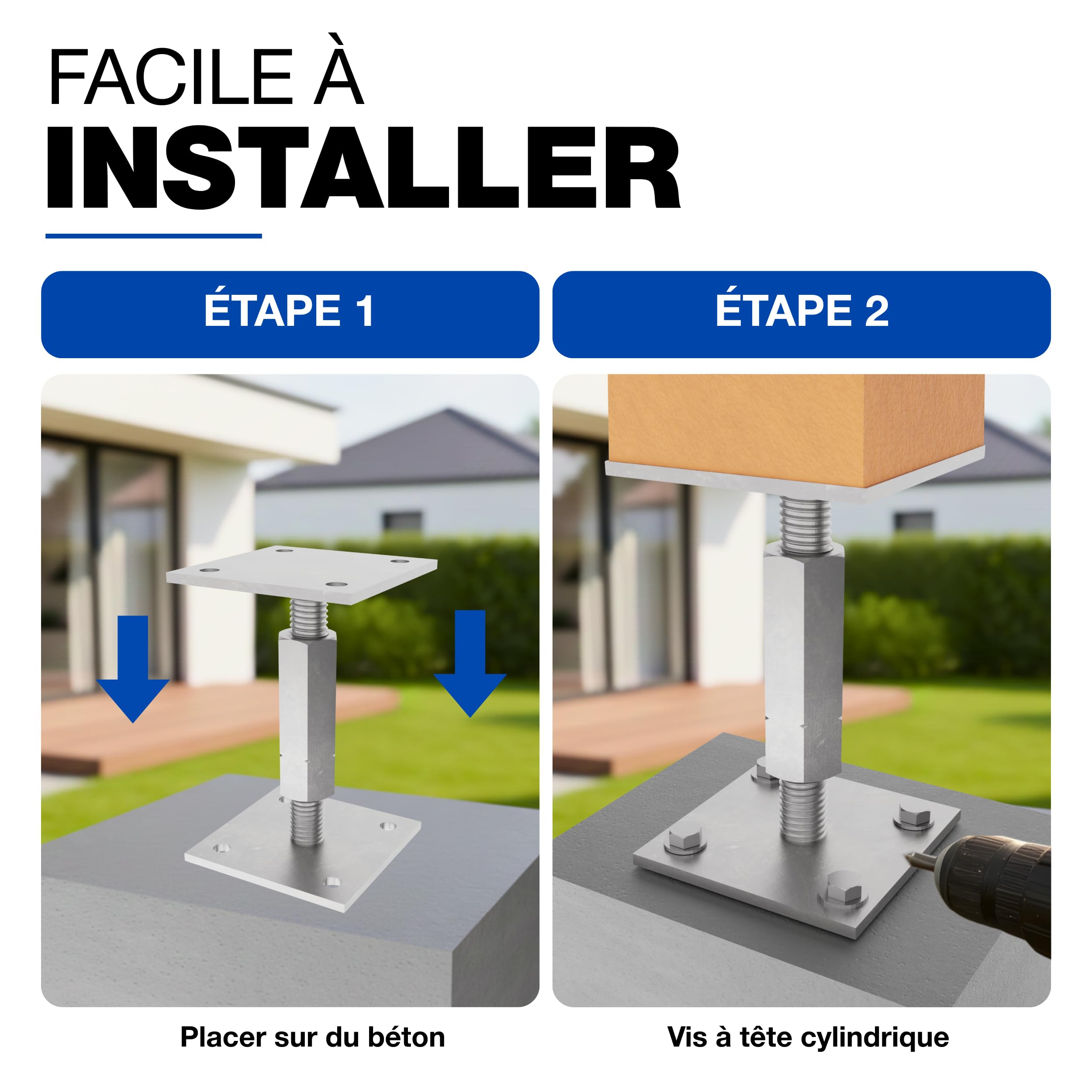 GeZu Impex Support de poteau Galvanoplastie Lot de 8 100 x 100 mm hauteur reglable platine bois pied poteaux clôture