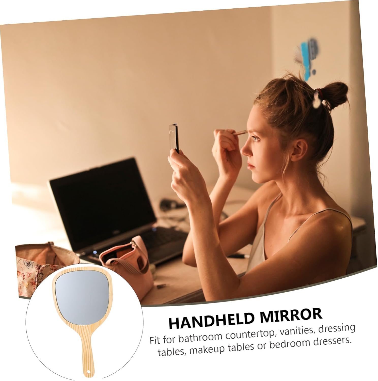 Wood Handle Travel Makeup Mirror for Women, Portable Cosmetic