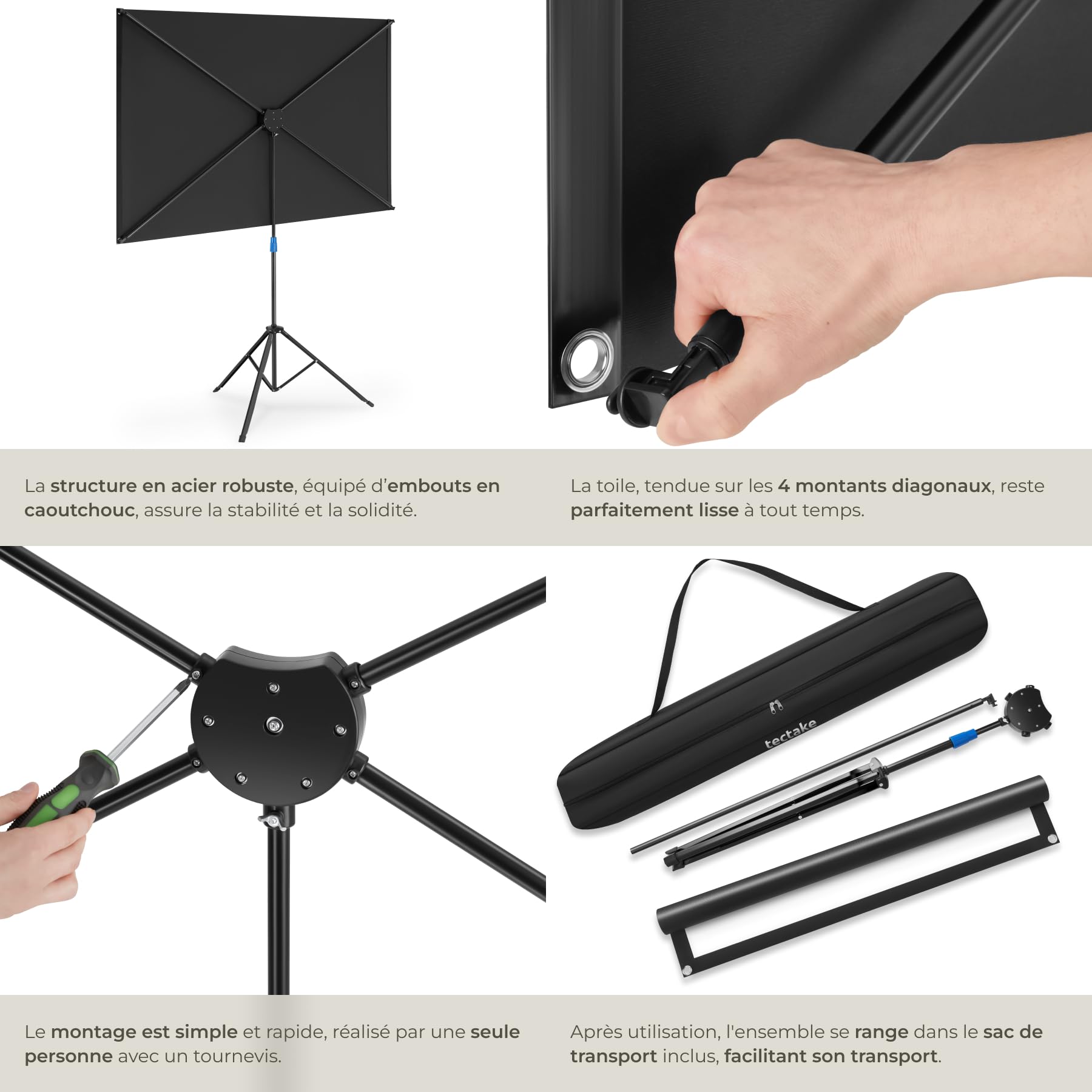 tectake® Écran de Projection portable avec trepied, 160x190 cm, Ecran videoprojecteur format 16:9, Toile videoprojecteur 4K, HD, Full HD, Ultra HD Ecran de Projection Toile projecteur Écran projecteur