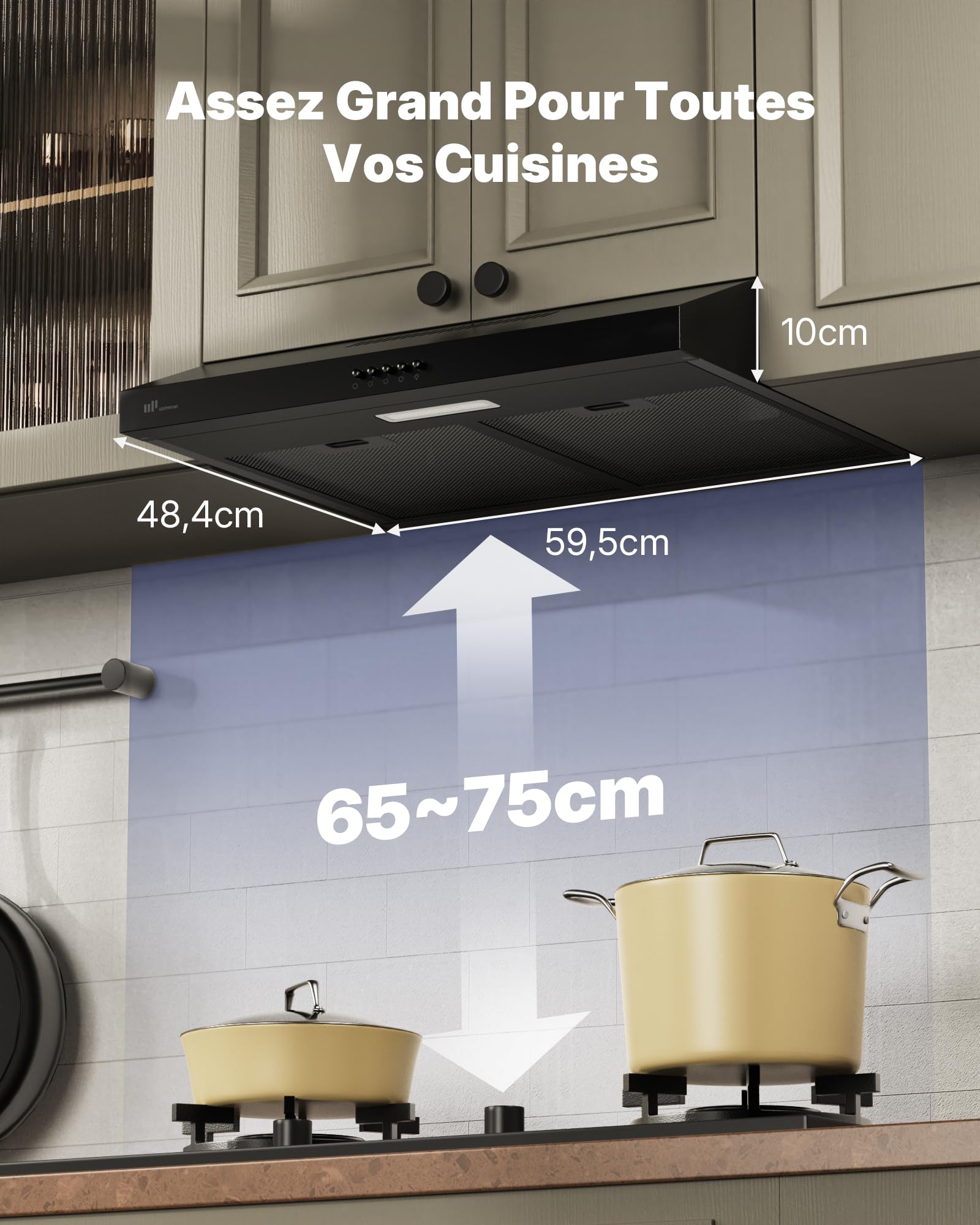 Upstreman Hotte Aspirante 60 cm, Classe A+++, 3 Vitesses (220 m³/h), Évacuation ou Recyclage avec Filtre à Charbon, Silencieuse 61 dB, Éclairage LED 1,5W, Noir, HU60