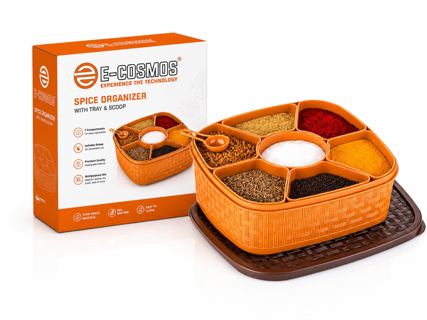 E-COSMOS® Plastic Square 7 Sections Multipurpose Masala Rangoli Dabba Box Set, Spice Box Set - Brown (Masala Box - 7 in 1)