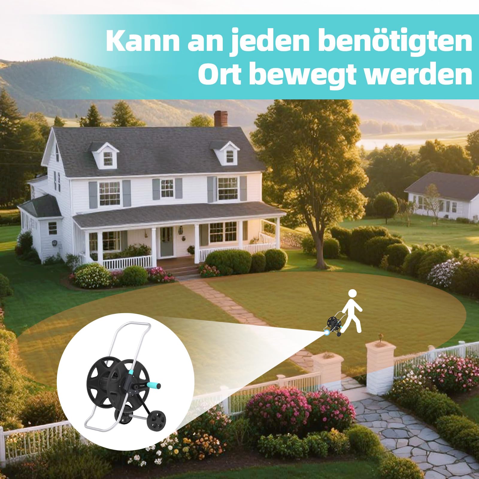 Schlauchwagen, Metall Schwerlastschlauchwagen mit Rädern, tragbarer Schlauchwagen für 30–60 m Schlauch, Schlauchaufroller für Außenbereich,Gärten oder Rasenflächen,Hinterhöfe
